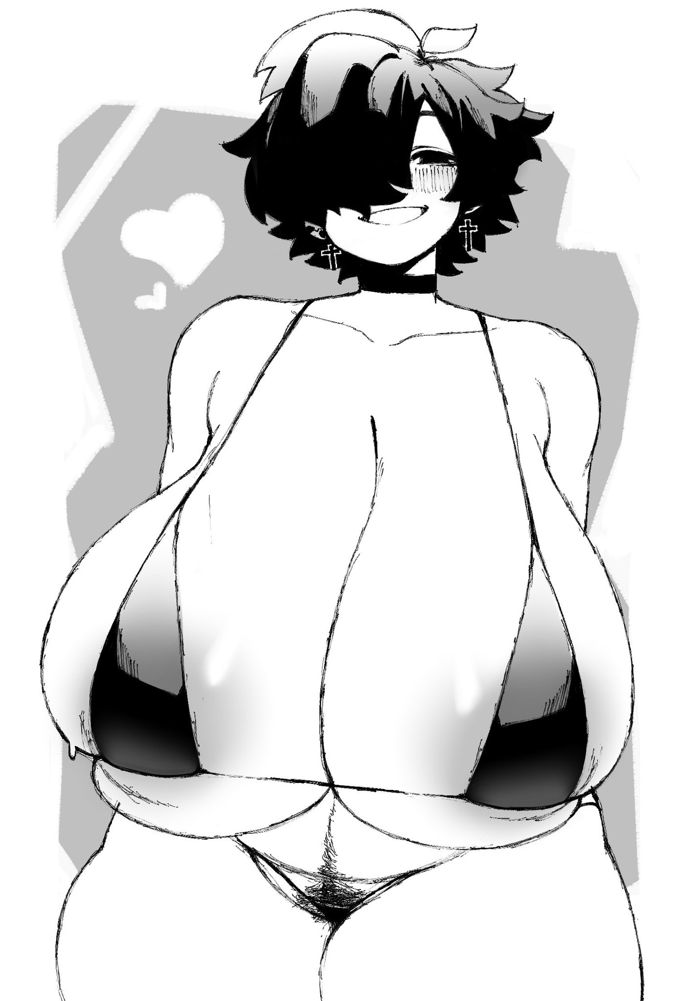 big breasts, bikini, bra, breasts, busty, clothed, clothing, curvy, female, female only, female pubic hair, gigantic breasts, huge breasts, large breasts, magnolia (mctamagomaki), massive breasts, mctamagomaki, monochrome, mostly nude, original character, pubic hair, short hair, solo, thick thighs, thong, venus body, voluptuous
