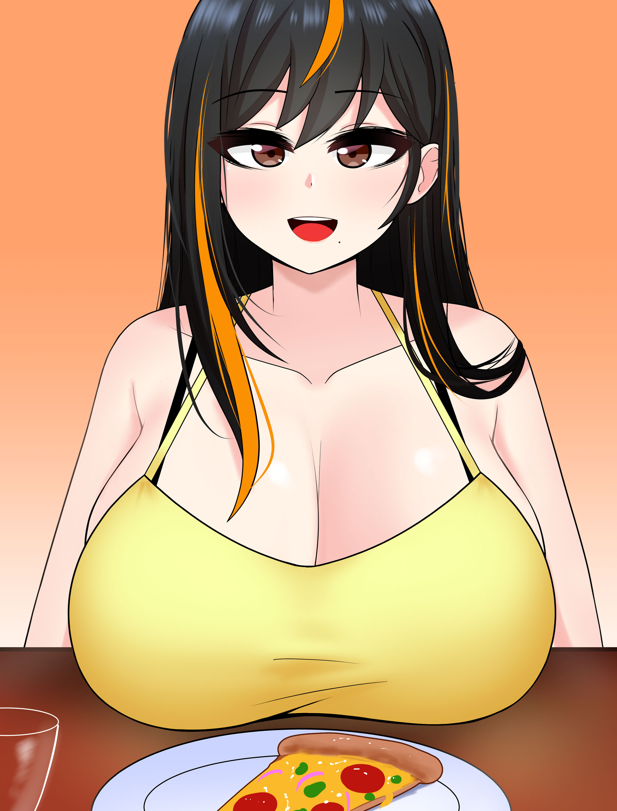 1girls, big breasts, black hair, blush, blushing, blushing at viewer, bra strap, breasts, breasts on table, brown eyes, cleavage, female, huge breasts, large breasts, looking at viewer, massive breasts, mole, mole under mouth, orange background, pizza, pov, pov eye contact, simple background, tagme, the only shoe, two-tone hair, wine glass