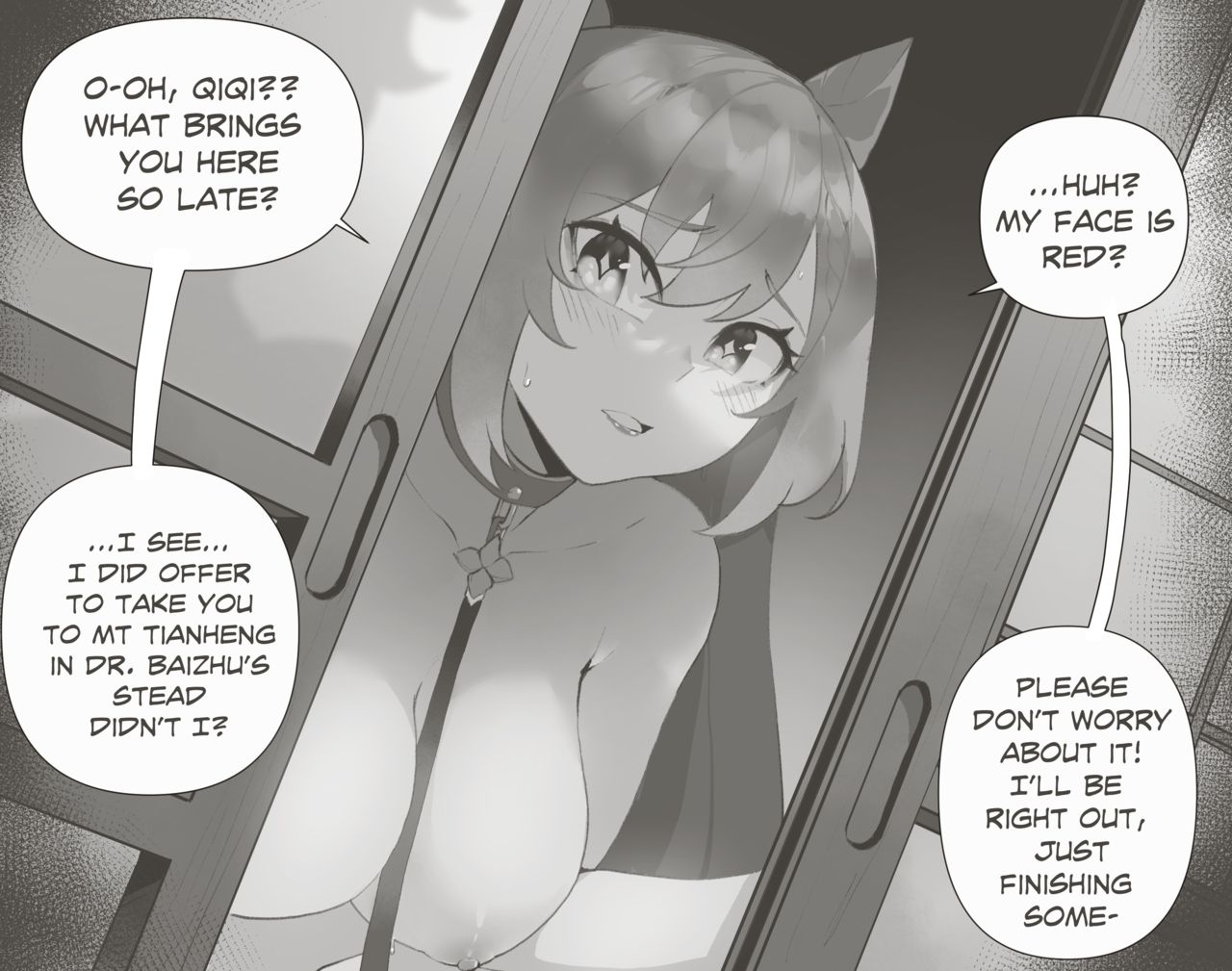 aether (genshin impact), breasts, collar, english text, female, genshin impact, hidden sex, imminent sex, keqing (genshin impact), large breasts, leash, monochrome, thiccwithaq