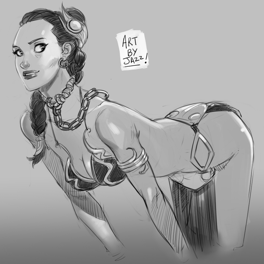 1girls, belly dancer, belly dancer outfit, bending forward, bent over, black and white, bra, braided hair, breasts, chain leash, chains, cleavage, collar, earrings, eyes, female, female only, french braid, grey background, hair ornament, harem girl, harem outfit, jazreet911, large breasts, leaning forward, leash, loincloth, long hair, looking behind, medium breasts, monochrome, neckwear, open eyes, parted lips, piercing, princess leia organa, return of the jedi, side view, signature, simple background, slave, slave bikini, slave collar, slave girl, slave leia, slave outfit, solo, standing, star wars, teeth
