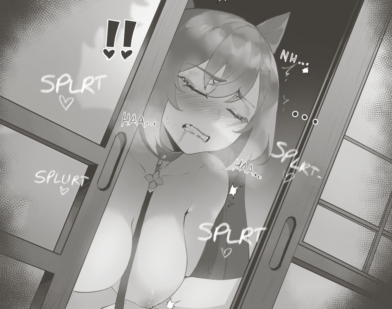 aether (genshin impact), breasts, collar, english text, female, genshin impact, hidden sex, keqing (genshin impact), large breasts, leash, monochrome, onomatopoeia, pleasure face, sex, thiccwithaq