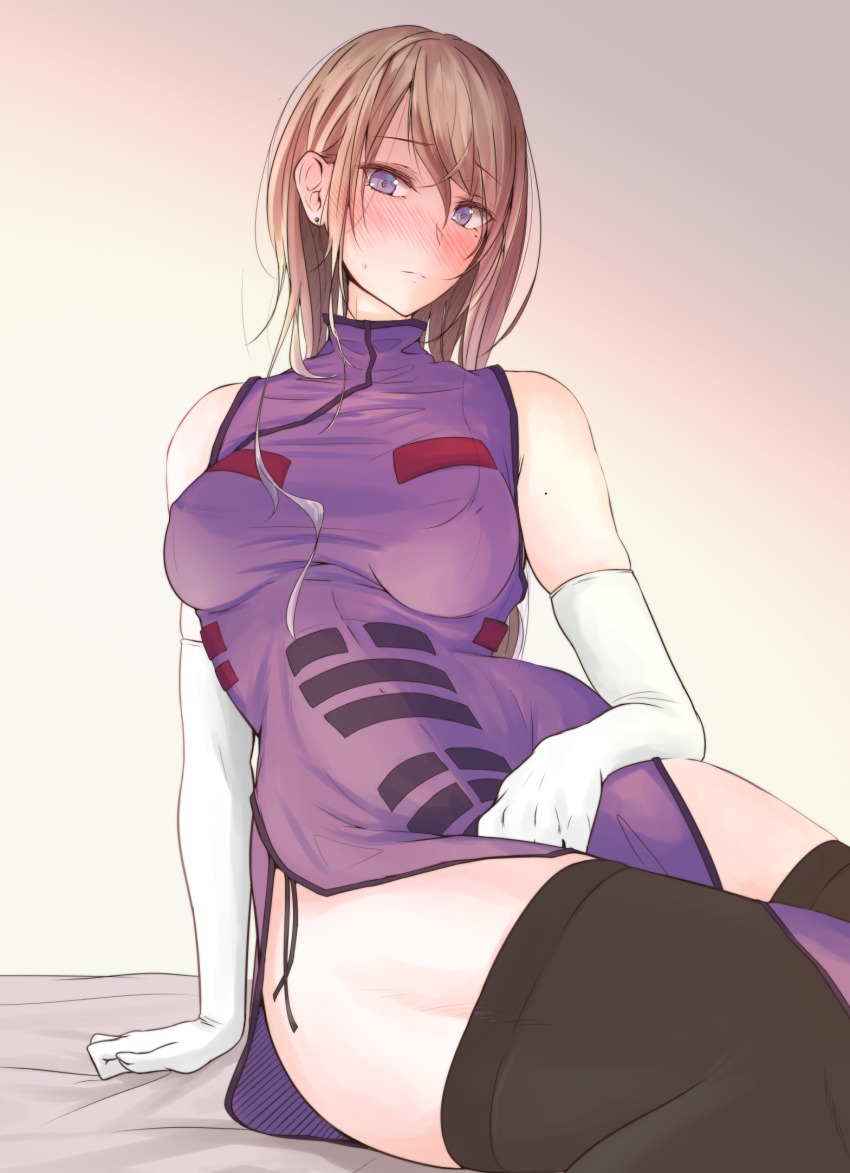 adapted costume, akiyama cz4a, bare shoulders, black legwear, blonde hair, blush, breasts, china dress, chinese clothes, dress, earrings, elbow gloves, female, gloves, highres, jewelry, looking at viewer, mature female, medium breasts, milf, pelvic curtain, purple hair, sitting, solo, sweat, thighhighs, touhou, white gloves, yukari yakumo