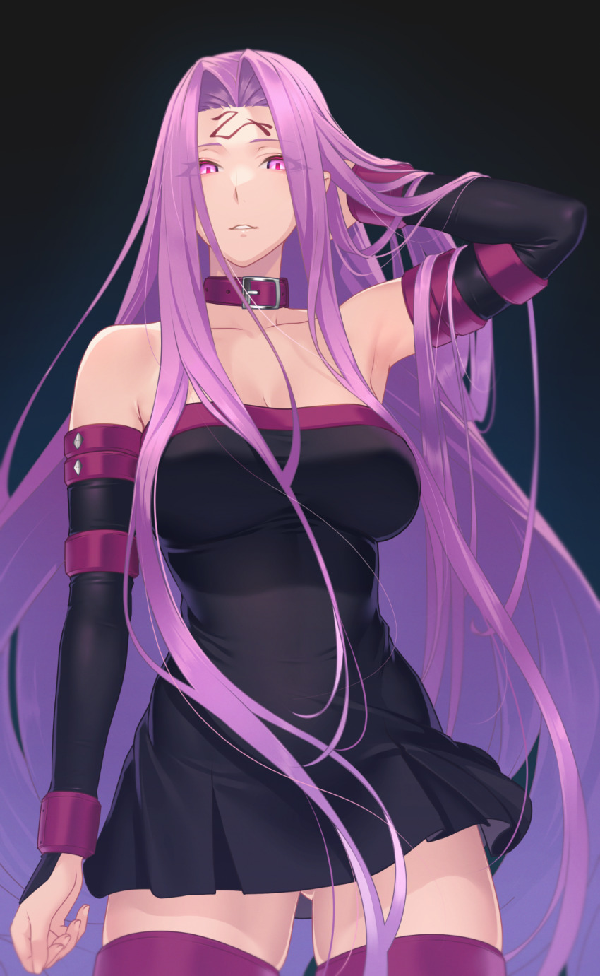 arm_behind_head bangs bare_shoulders black_dress black_legwear breasts cleavage collar collarbone commentary cowboy_shot detached_sleeves dress eyes_visible_through_hair facial_mark fate/stay_night fate_(series) female forehead forehead_mark highres hikichi_sakuya large_breasts long_hair looking_at_viewer medusa_(fate) medusa_(rider)_(fate) off-shoulder_dress off_shoulder parted_bangs parted_lips purple_eyes purple_hair rectangular_pupils short_dress sidelocks solo strapless strapless_dress thighhighs thighs very_long_hair