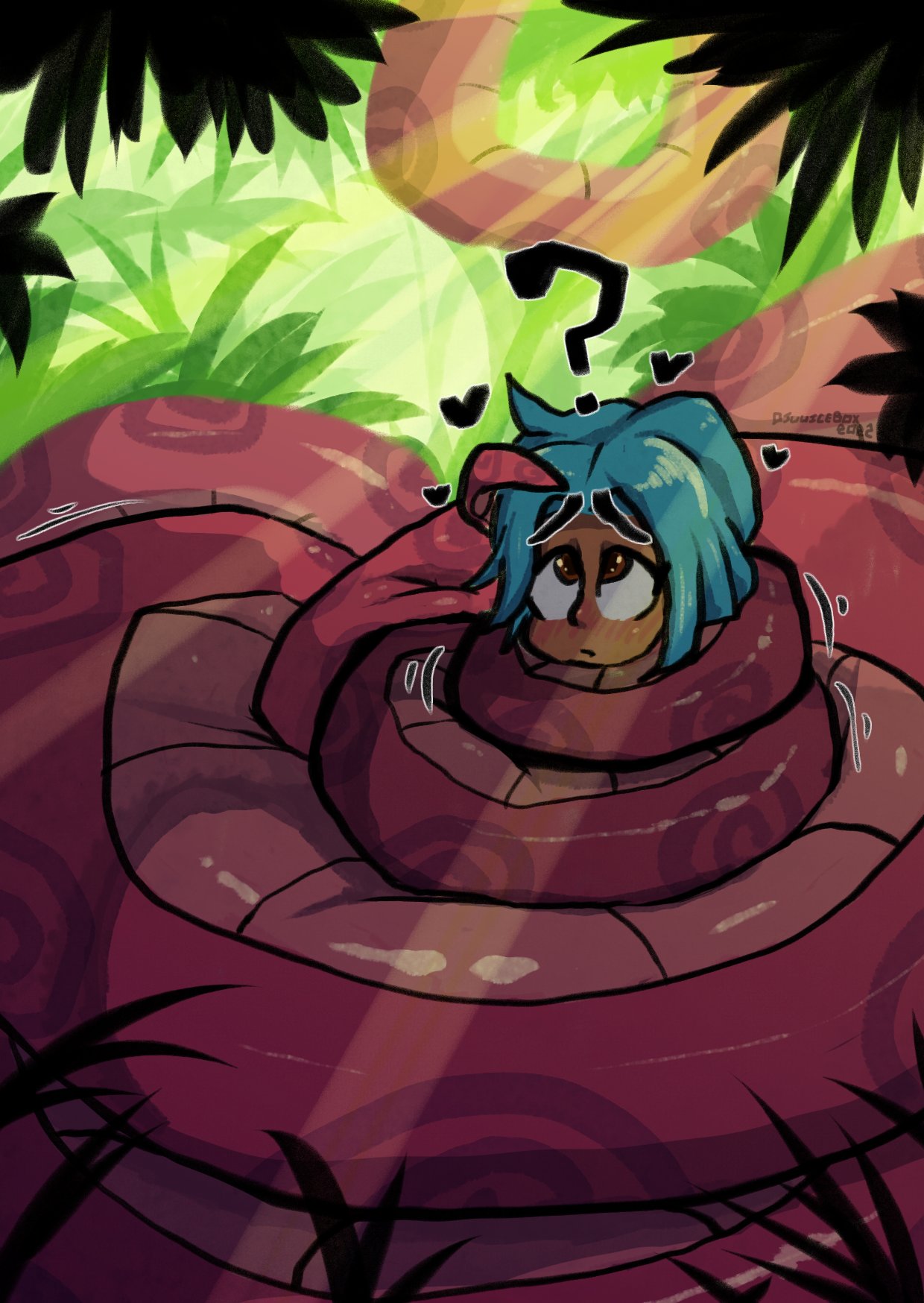 1girls ? blue_hair blush brown_eyes coiling coils commission detailed_background djuuicebox female female_only forest heart hi_res puppy_eyes snake solo solo_female