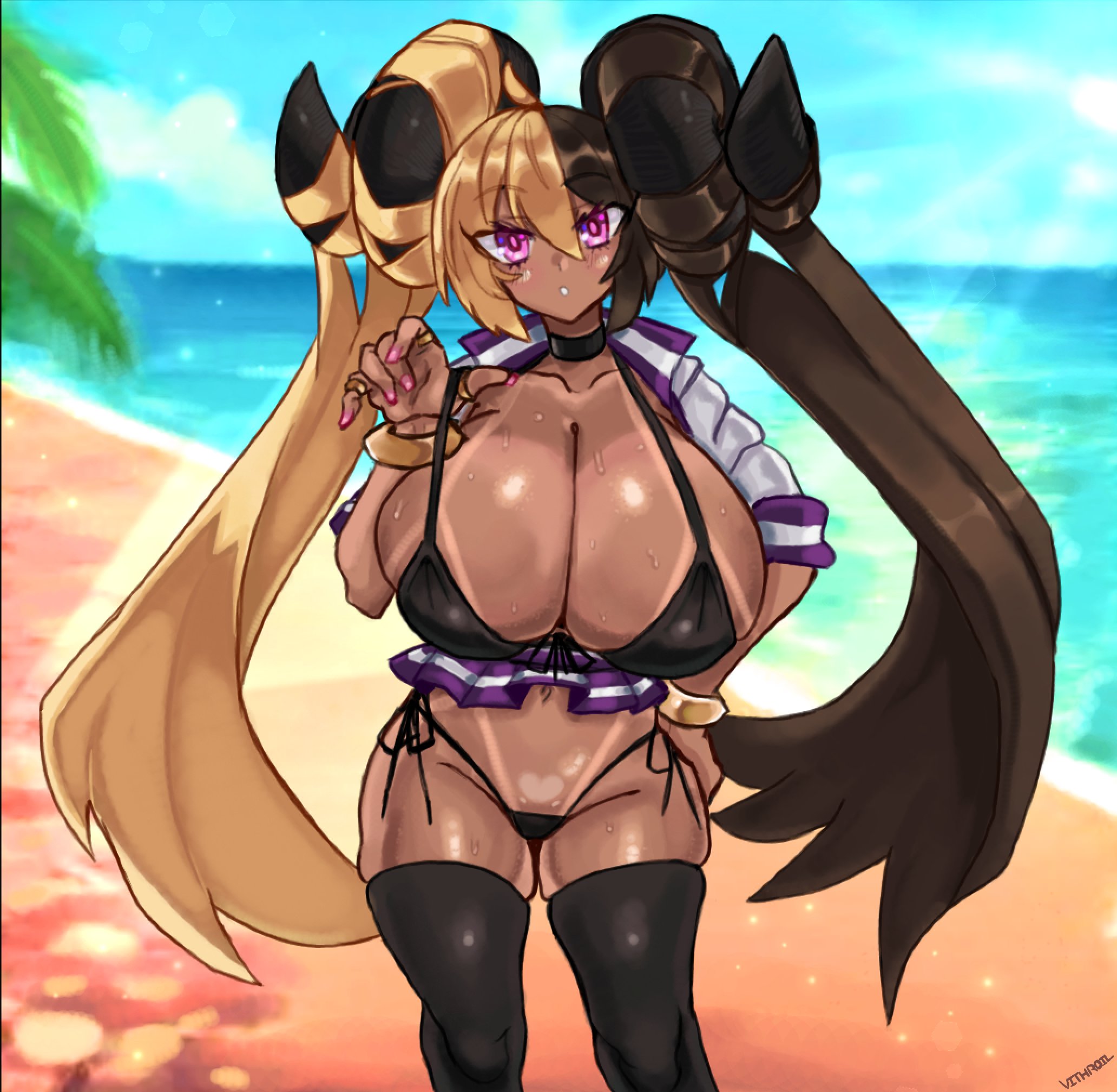 1girls, ahoge, aife (zanamaoria), beach, big breasts, bikini, bikini pull, black thighhighs, blonde female, blonde hair, bracelets, breasts, brown hair, choker, curved horns, demon, demon horns, female, female only, gyaru, hair on horn, hand on hip, hi res, horns, light blush, long hair, looking at viewer, pink eyes, pink fingernails, ring, seaside, solo, solo female, succubus, tan skin, tanline, thigh squish, thighhighs, two-tone hair, vithroil