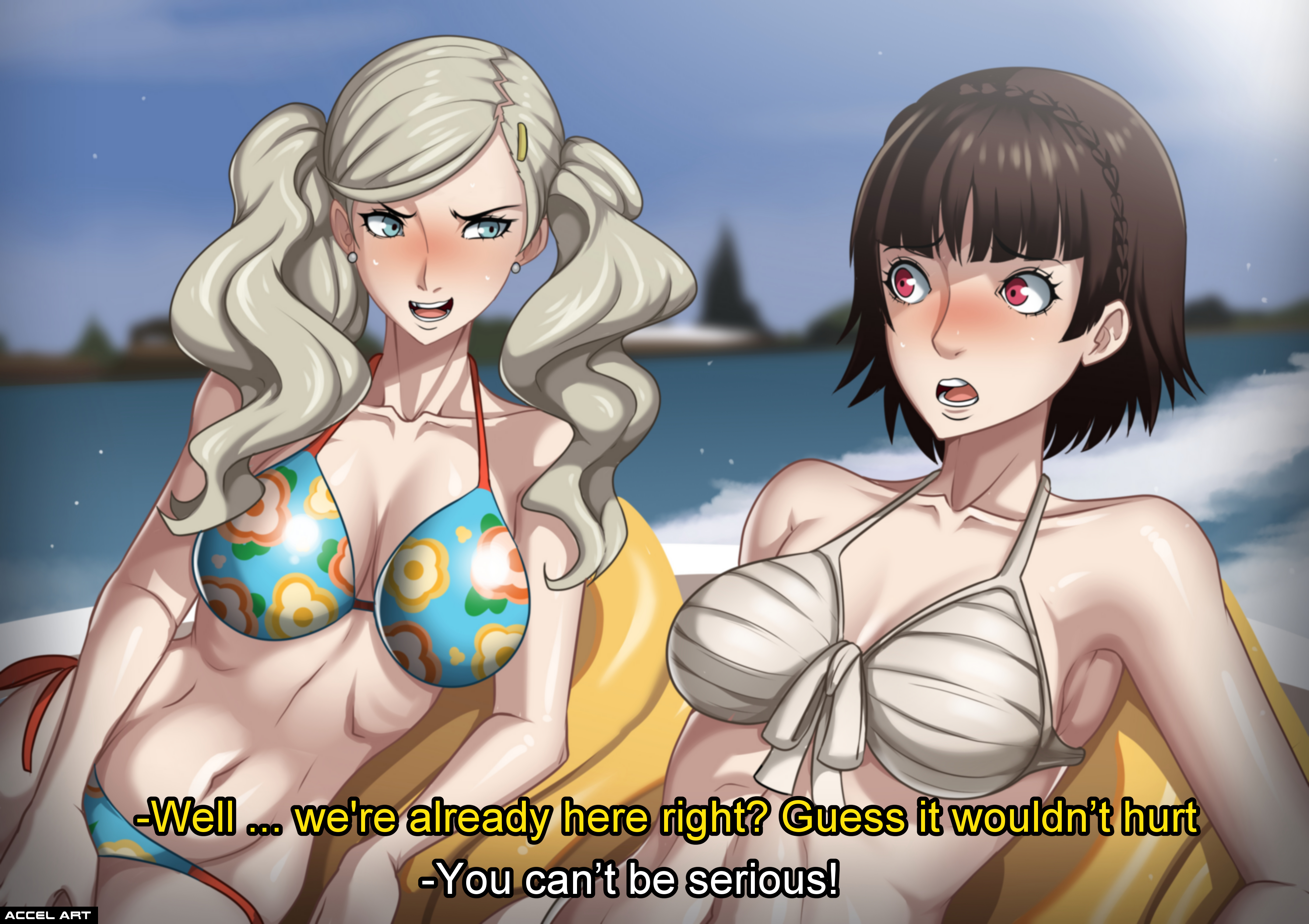 2girls, accelart, ann takamaki, ann takamaki (swimsuit), beach, bikini, blonde hair, blue eyes, breasts, brown hair, camera, embarrassed, english text, excited, exhibitionism, female, female only, femsub, large breasts, making a porno, makoto niijima, makoto niijima (swimsuit), male, maledom, medium breasts, medium hair, midriff, multiple females, multiple girls, nervous, open mouth, outdoors, persona, persona 5, recording, red eyes, short hair, swimsuit, text, thick thighs, thighs