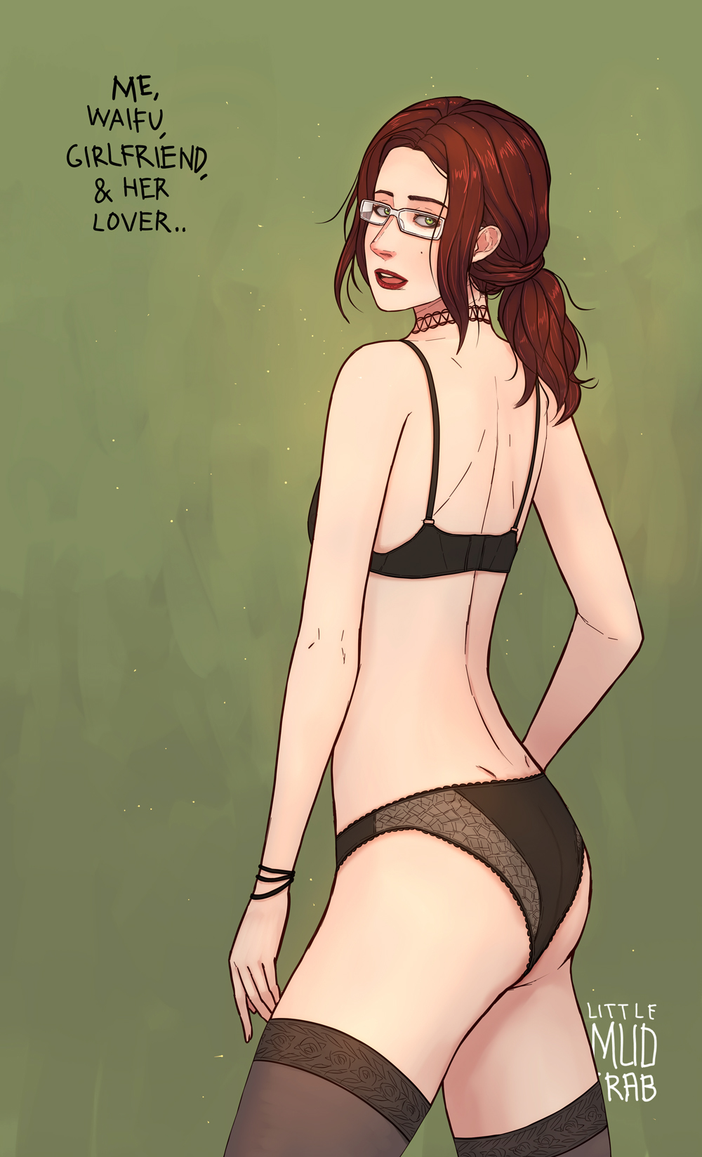 1girls dimples_of_venus flat_chested glasses green_eyes littlemudcrab long_nose nora original_character red_hair red_lipstick small_breasts stockings underwear