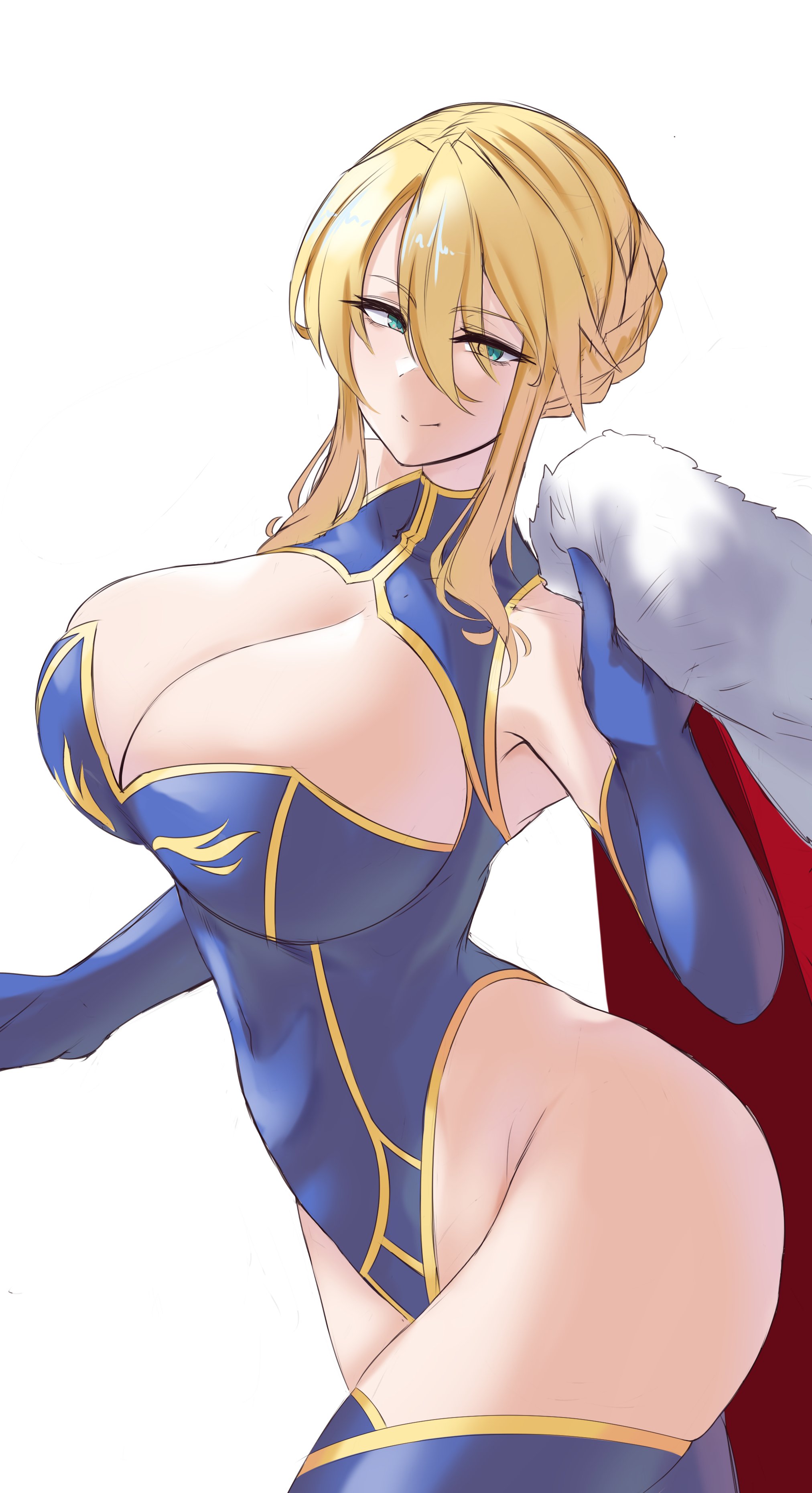 1girls, 2022, artoria pendragon, artoria pendragon (lancer), blonde hair, blue leotard, breasts, cleavage, fate (series), fate/grand order, female, female only, green eyes, highleg leotard, hips, huge breasts, infinity king (artist), leotard, slim waist, smile, solo, thick thighs, thighs, tied hair, wide hips