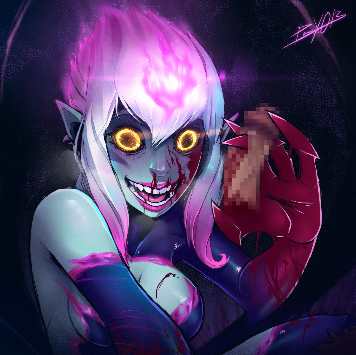 1girls big_boobs big_breasts big_tits black_pupils blood blood_on_face boobs breasts castrated castration censored censored_penis cock crazy crazy_eyes creepy creepy_smile demon demon_girl demon_humanoid dick evelynn female female_focus female_humanoid female_only femdom gore guro hair_between_eyes humanoid humanoid_hands league_of_legends mosaic_censoring open_mouth panteon013 penectomy penis pointy_ears purple_skin severed_penis sharp_claws sharp_teeth simple_background straight_hair teeth teeth_showing tits yandere