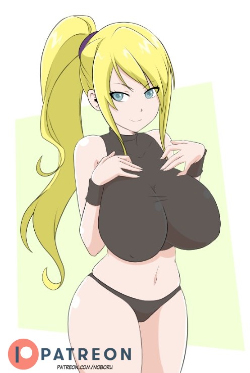 artist_signature black_bra black_panties blonde_hair blue_eyes fingernails green_background hairband huge_breasts large_breasts metroid navel noboru_revista panties ponytail samus_aran skindentation smile super_metroid thick_thighs thong white_background