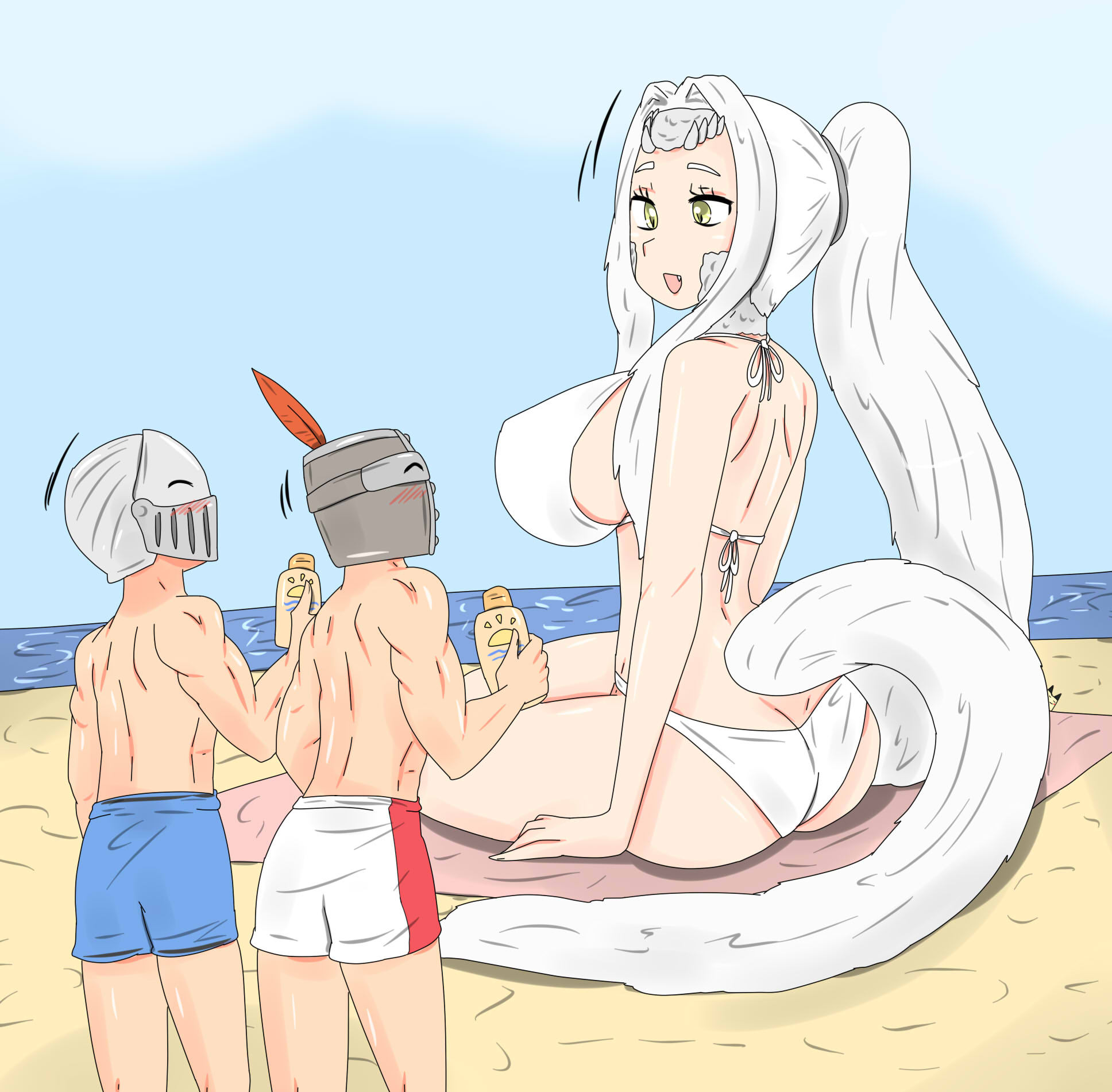 1girls, 2boys, alternate costume, beach, big breasts, bikini, breasts, chosen undead, crossbreed priscilla, dark souls, dragon girl, female, fromsoftware, furry tail, giantess, horns, huge breasts, long hair, long tail, male, ponytail, sideboob, solaire of astora, swimsuit, tail, tikoriko, white bikini, white fur, white hair, wholesome, yellow eyes, zronku