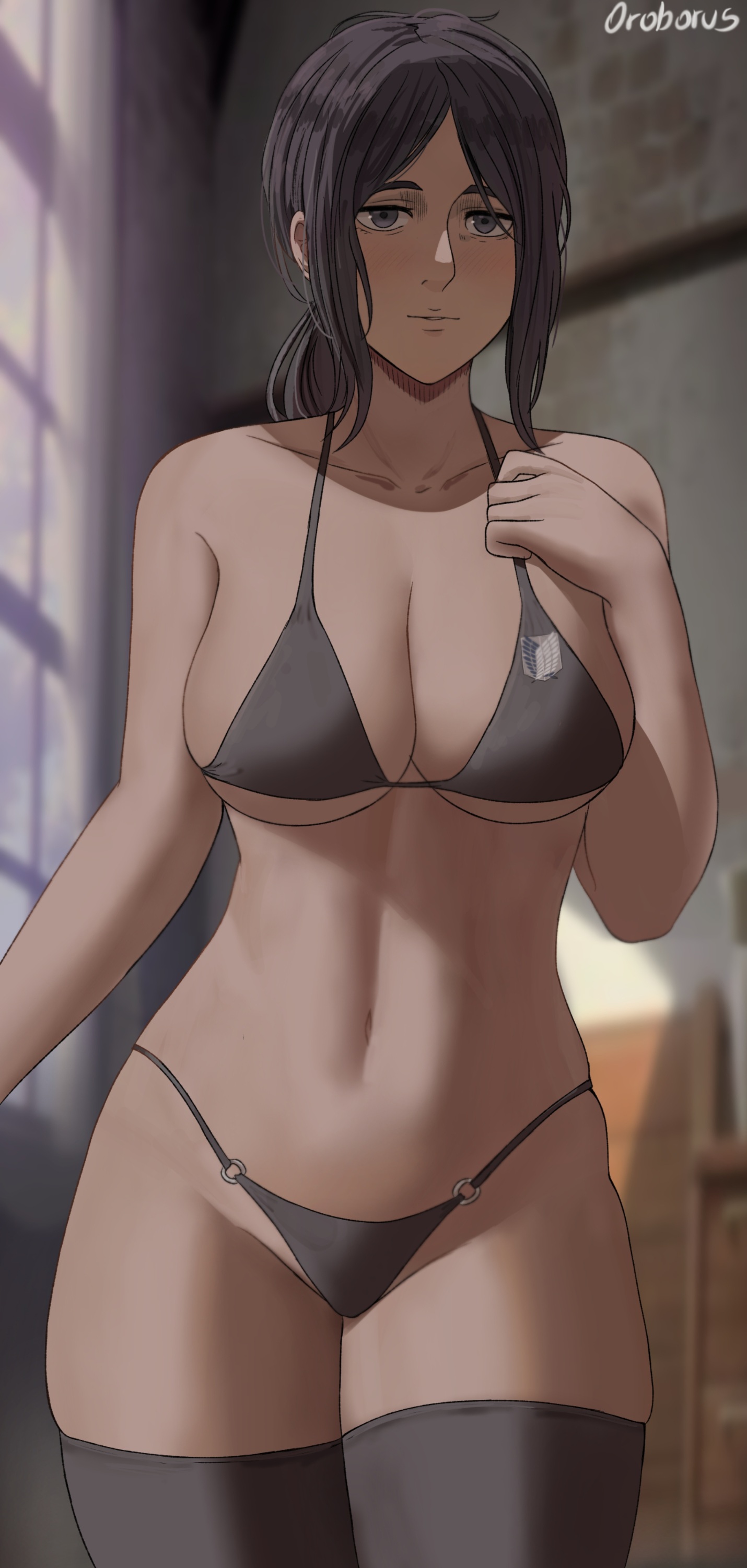 1girls, attack on titan, belly, belly button, big breasts, bikini, black eyes, black hair, breasts, curvy, female, female only, g-string, indoors, large breasts, looking at viewer, midriff, navel, oroborusart, pieck finger, savagexthicc, shingeki no kyojin, solo, solo female, thick, thick thighs, thighhighs, voluptuous