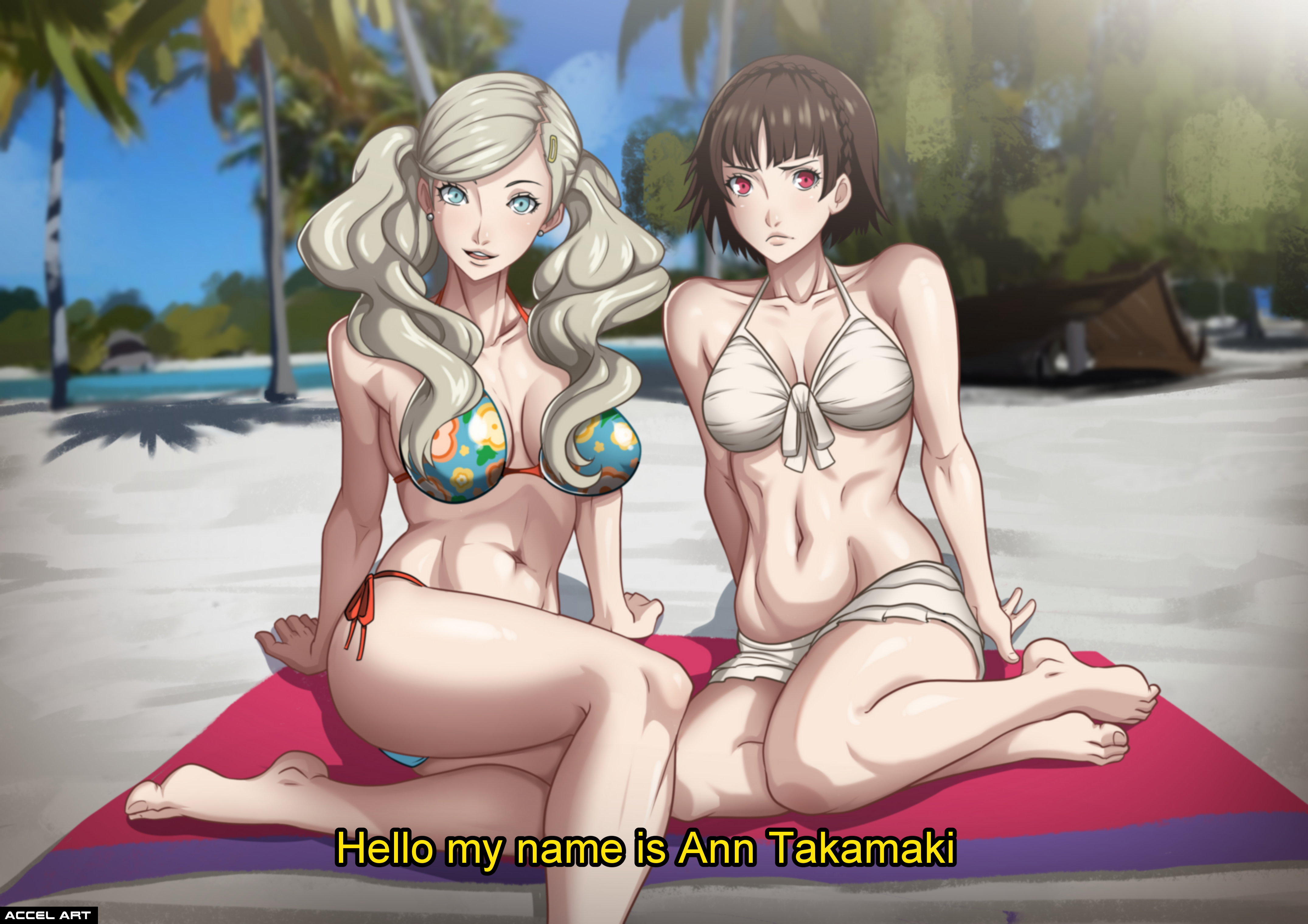2girls, abs, accelart, ann takamaki, ann takamaki (swimsuit), athletic, athletic female, barefoot, beach, bikini, blonde hair, blue eyes, breasts, brown hair, calf muscles, camera, english text, feet, female, female only, introduction, large breasts, light skin, light-skinned female, making a porno, makoto niijima, makoto niijima (swimsuit), medium breasts, medium hair, midriff, multiple females, multiple girls, muscles, open mouth, outdoors, persona, persona 5, recording, red eyes, short hair, smile, swimsuit, text, thick thighs, thighs, twintails