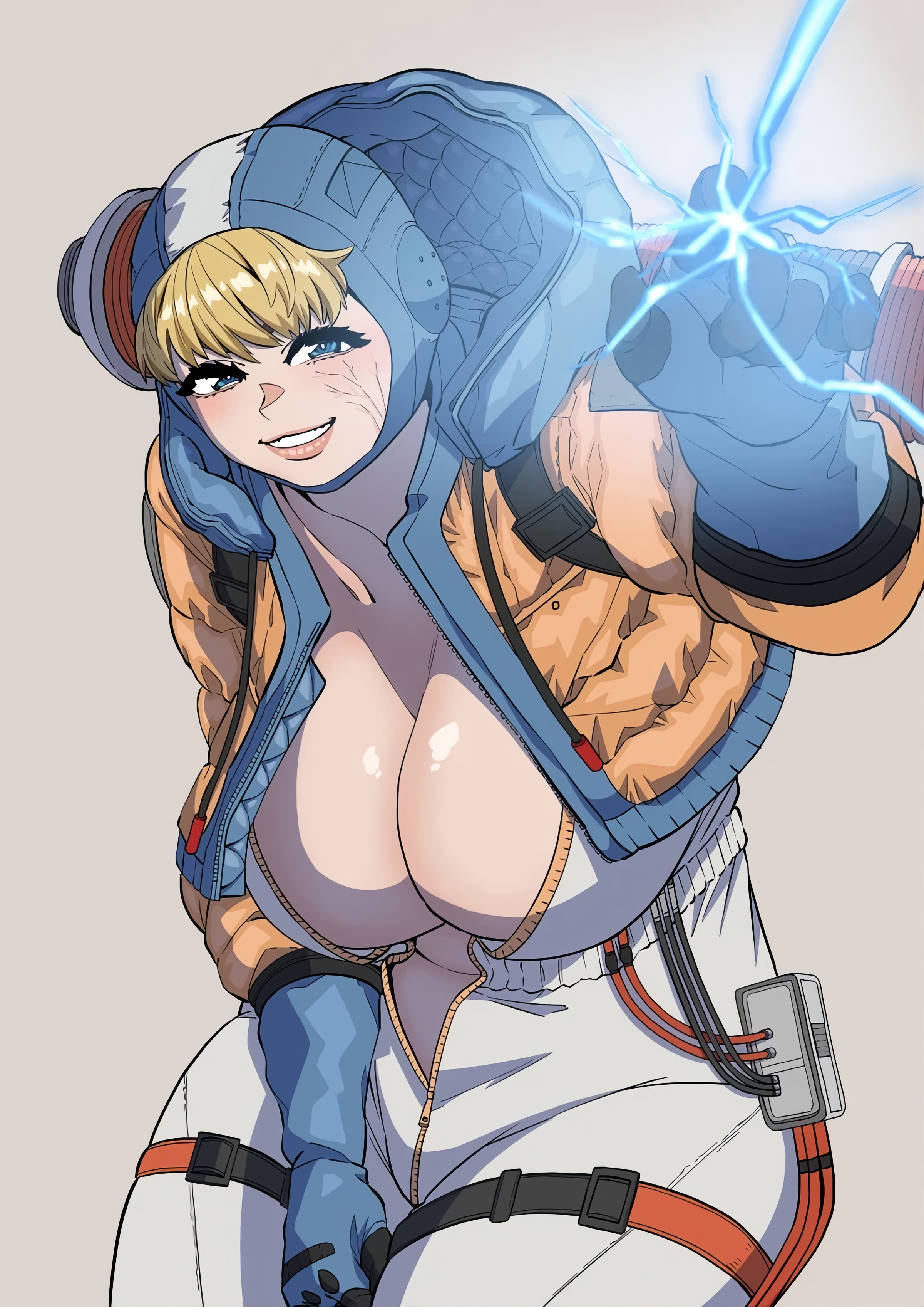 1girls, apex legends, artist request, ass, big ass, big breasts, big butt, bluecandy, breasts, breasts out, female, female only, gigantic breasts, happy, happy female, huge breasts, lichtenberg figure, looking at viewer, massive ass, massive breasts, massive butt, massive thighs, outgrowing clothes, pointing at viewer, scar, smile, stretched clothing, thick, thick ass, thick legs, thick thighs, tight clothing, tight fit, wattson (apex legends)