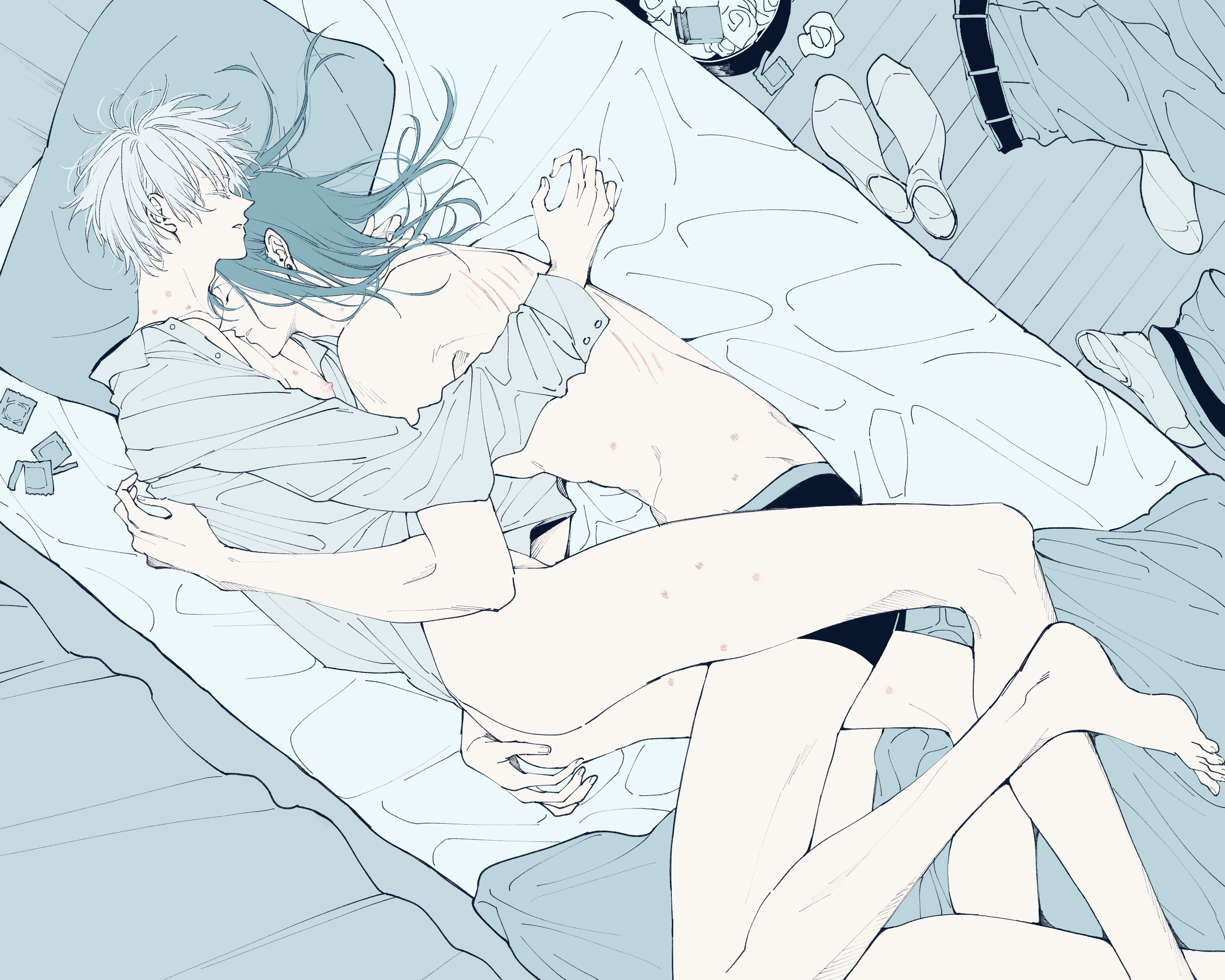 2boys, absurd res, artist request, ass, bed, bedsheets, belt, black hair, blanket, bottomless, condom, cuddling, ear piercing, embrace, eyes closed, gay, half-dressed, hi res, jujutsu kaisen, kiss mark, legs, light skin, light-skinned male, long hair, long-haired male, male, no underwear, no visible genitalia, pale skin, pale-skinned male, pillow, satoru gojo, shirt, sleeping, socks, suguru geto, underwear, undressing, white hair, yaoi