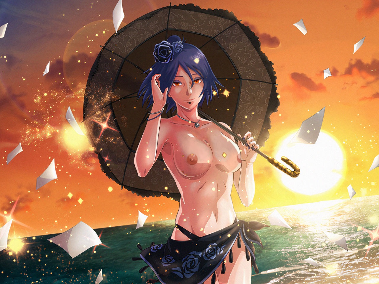 1girls, akatsuki (naruto), artist request, bikini, bikini bottom, blue hair, bracelet, breasts, dusk, female, female only, flower, flower in hair, hair ornament, highleg, highleg bikini, holding, konan, labret piercing, landscape, looking at viewer, naruto, naruto (series), naruto shippuden, necklace, ocean, orange eyes, outdoors, paper, piercing, shounen jump, skirt, smile, solo, solo focus, sunset, swimsuit, topless, umbrella, water