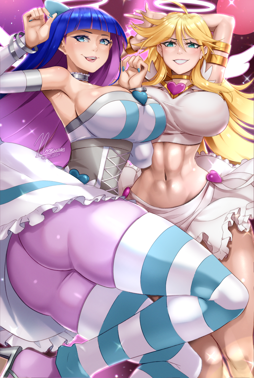 2girls ass bangs big_breasts blonde_female blonde_hair blue_eyes blue_hair blunt_bangs female female_only green_eyes halo licking_lips long_hair looking_at_viewer nox_(artist) noxcuro panty_&_stocking_with_garterbelt panty_anarchy pink_hair smiling smiling_at_viewer stocking_anarchy teeth_showing thick_thighs two_tone_hair