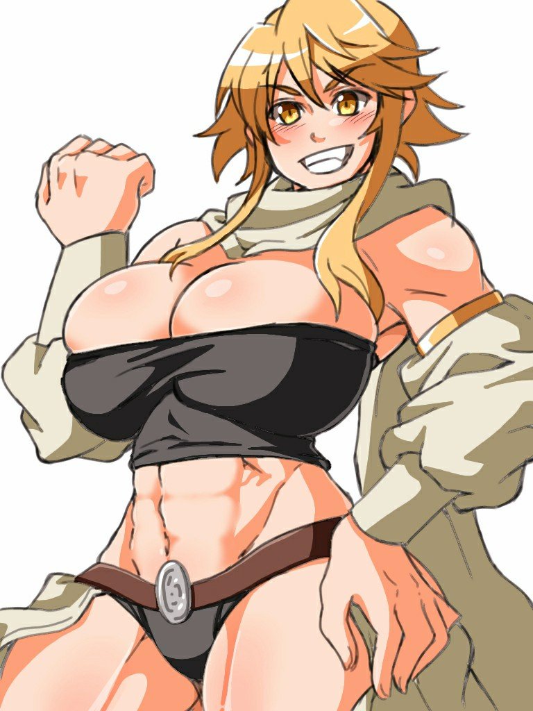 1girls abs akame_ga_kill! bangs belly belt big_breasts black_bra black_panties blonde_hair blush blush_lines bra breasts bursting_breasts cameltoe cleavage eyelashes eyelashes_visible_through_hair fangs female female_only gold_eyes hair_between_eyes hand_on_hip hand_up huge_breasts leone_(akame_ga_kill!) light-skinned_female light_skin looking_at_viewer muscular muscular_arms muscular_female muscular_legs muscular_thighs oerba_yun_fang oppai panties revealing_clothes ryohei_29 scarf shiny shiny_skin simple_background smile smiling smirk solo solo_female solo_focus standing teeth thick_thighs thighs tight_clothing tomboy toned toned_belly toned_female toned_stomach white_background yellow_eyes yellow_hair