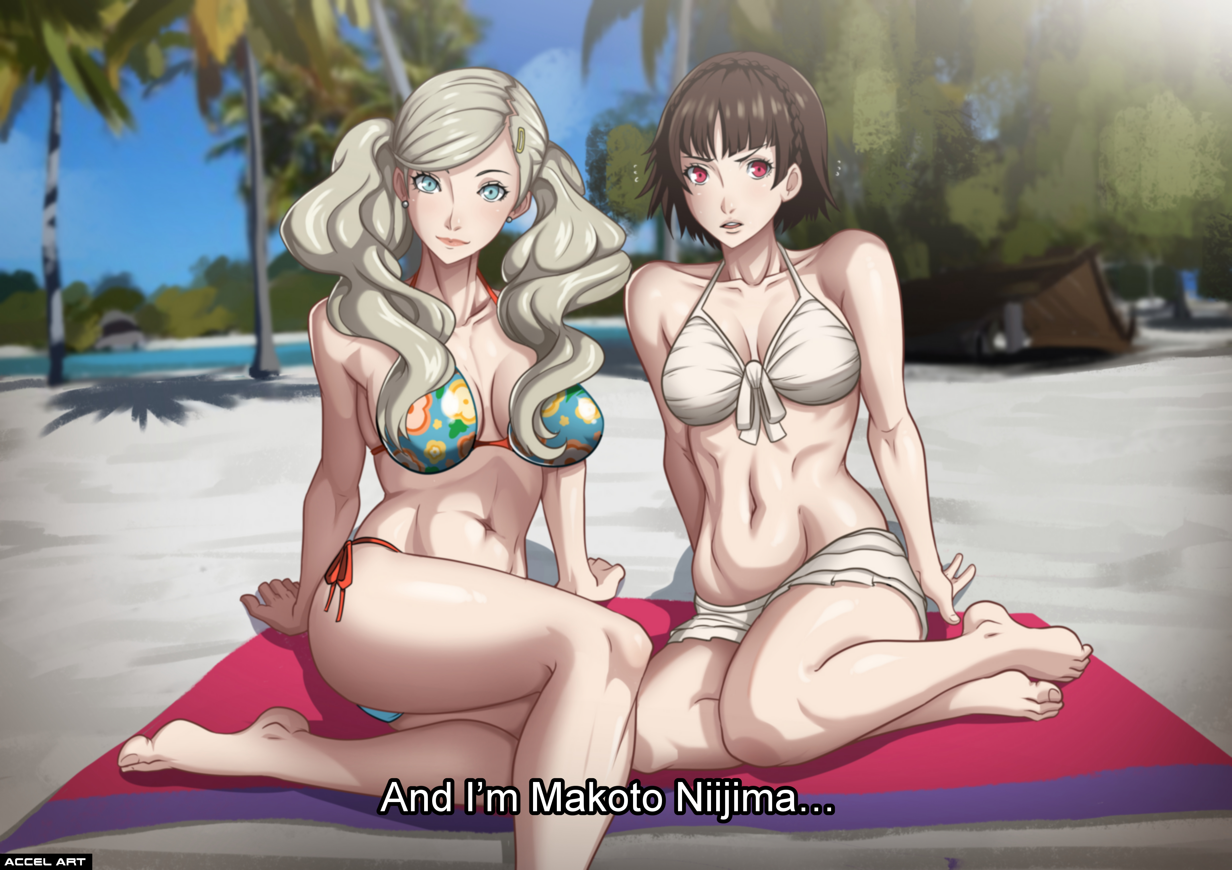2girls, accelart, ann takamaki, ann takamaki (swimsuit), beach, bikini, blonde hair, blue eyes, breasts, brown hair, camera, english text, female, female only, introduction, large breasts, making a porno, making love, makoto niijima, makoto niijima (swimsuit), medium breasts, medium hair, midriff, multiple females, multiple girls, open mouth, outdoors, persona, persona 5, recording, red eyes, short hair, smile, swimsuit, text, thick thighs, thighs, twintails