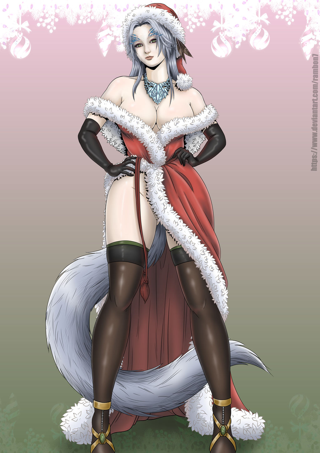 alternate_costume bare_shoulders big_breasts black_gloves christmas christmas_outfit cleavage crossbreed_priscilla dark_souls dragon_girl elbow_gloves female female_only fromsoftware full_body fur_trim furry_tail gloves green_eyes grey_fur grey_hair hands_on_hips long_hair long_tail looking_at_viewer necklace nylons pale-skinned_female pale_skin rambon7 santa_hat side_slit silver_hair solo standing tail thick_thighs thighhighs white_fur wide_hips