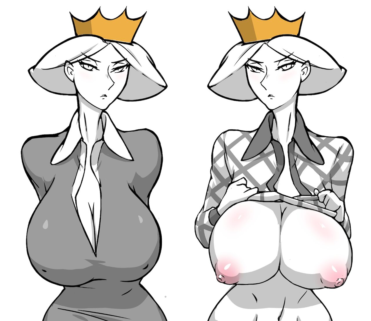 1girls, ass, big ass, big breasts, breasts, cleavage, crown, deep cleavage, erect nipples, female, female only, flashing, flashing breasts, huge breasts, large breasts, milf, monochrome, nipples, ousama ranking, pink nipples, queen hilling, shirt lift, shirt up, solo, spring roku, tagme
