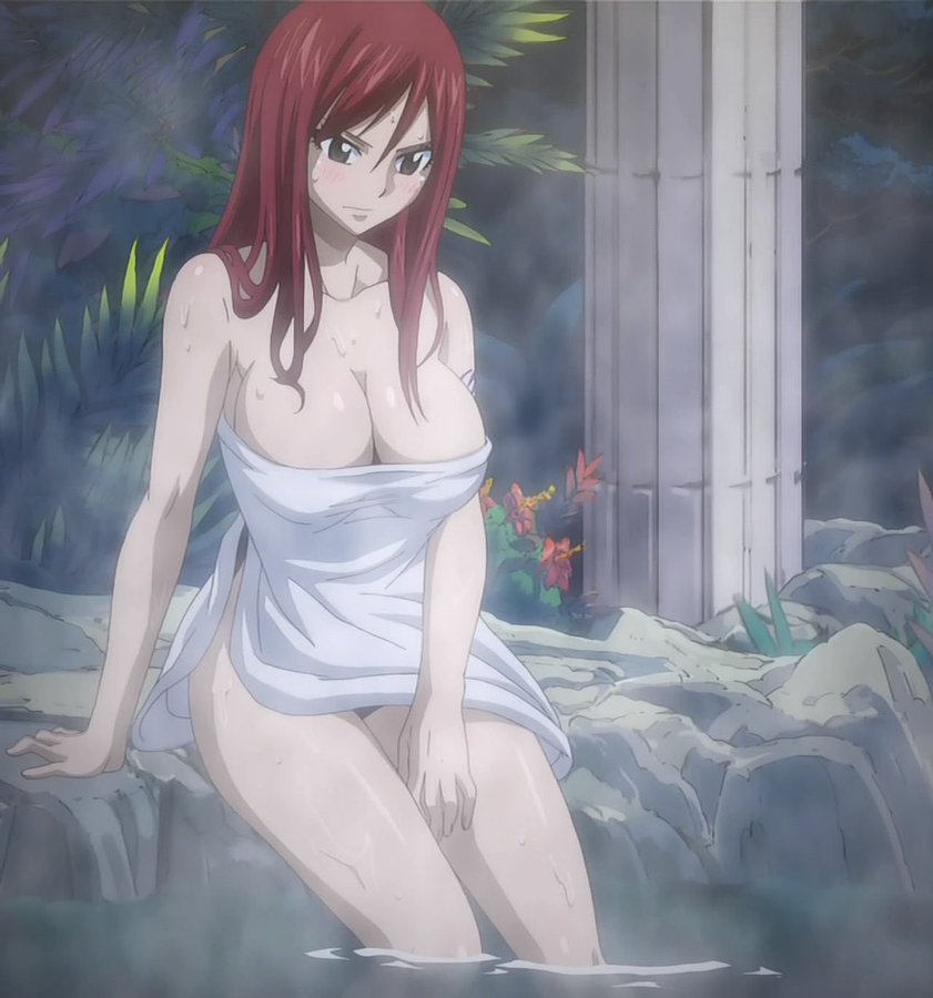 1girls, arm tattoo, bathing, blue tattoo, brown eyes, curvaceous, erza scarlet, fairy tail, fairy tail mark, female, female only, onsen, red hair, red-haired female, screencap, solo, tattoo, towel, towel only, water