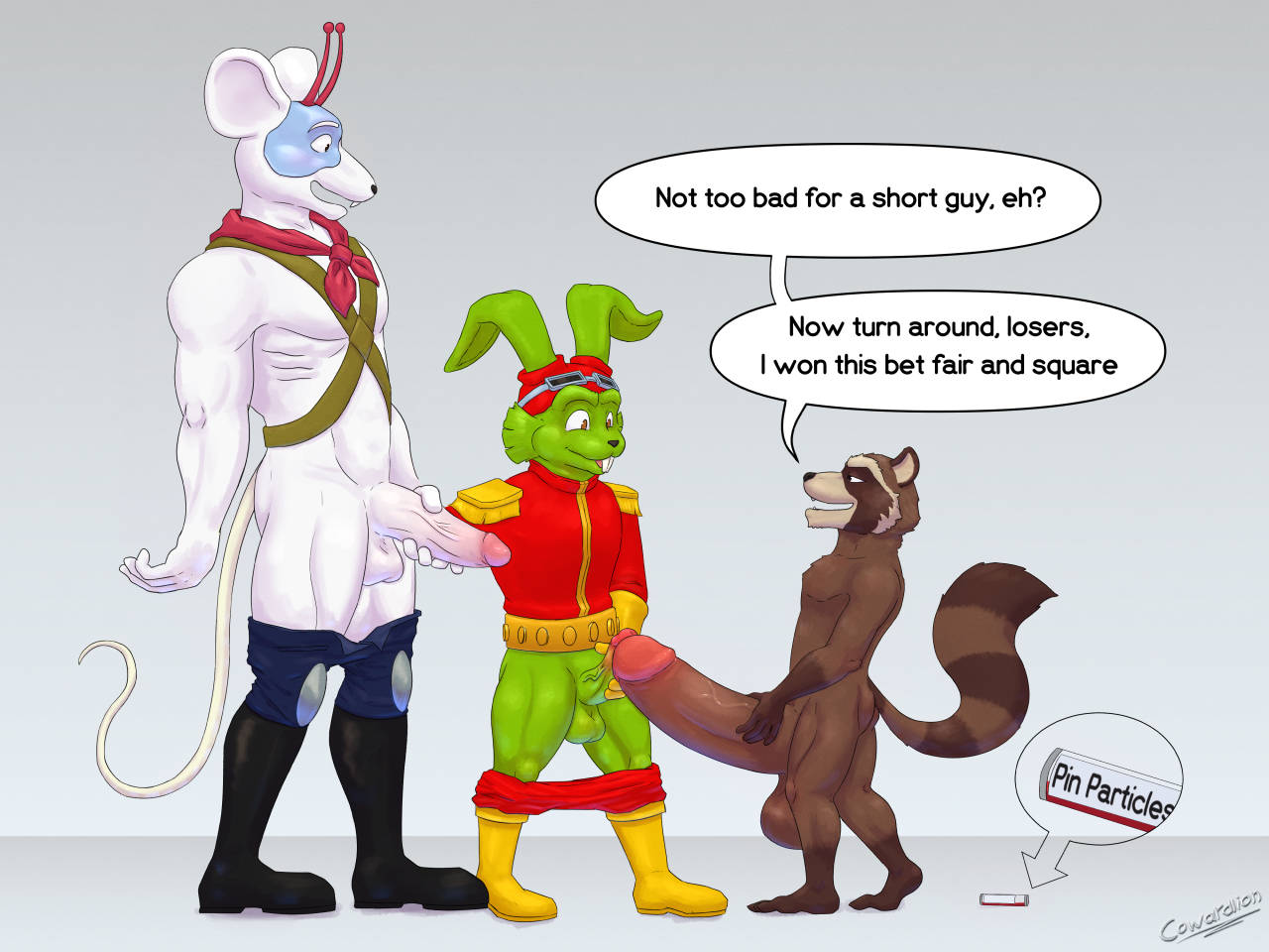 3boys antennae_(anatomy) anthro ass balls big_penis biker_mice_from_mars bucky_o'hare bucky_o'hare_(series) clothed clothing comparing comparing_penis comparison cowardlion crossover dialogue english_text erect_penis erection fur furry furry_only gay genitals green_body green_fur group guardians_of_the_galaxy hare holding_penis huge_cock hyper hyper_genitalia hyper_penis lagomorph leporid male male/male male_only mammal marvel mouse murid murine muscular muscular_male nude partially_clothed penis penis_on_penis penis_size_difference procyonid raccoon rocket_raccoon rodent simple_background size_difference speech_bubble text trio veiny_penis video_games vinnie_(bmfm)