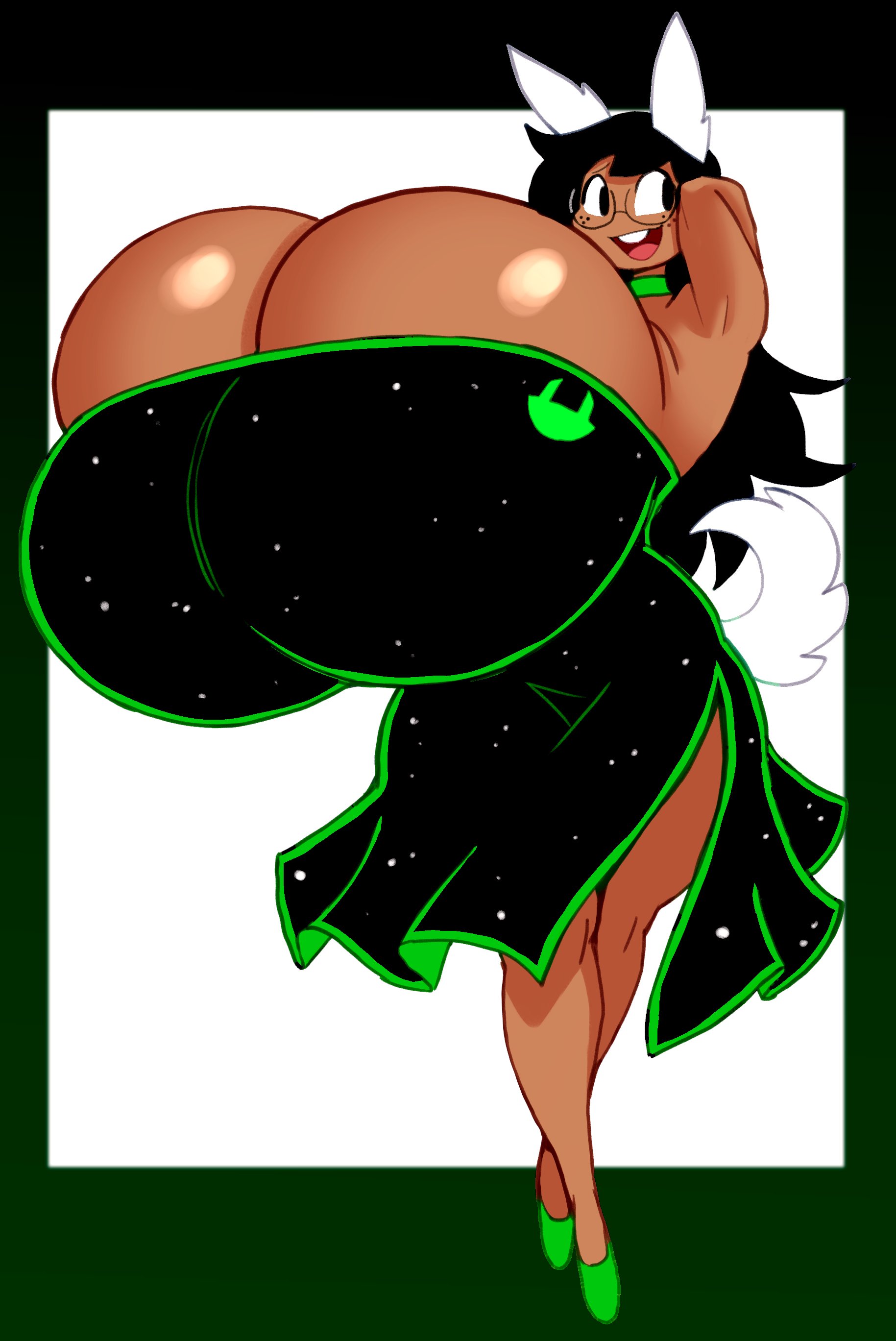 1girls, 2022, angstrom, animal ears, animal tail, armpits, arms up, ass, big breasts, black hair, breasts, breasts bigger than head, breasts bigger than torso, buckteeth, choker, clothing, dark skin, dark-skinned female, dog ears, dress, female, female focus, female only, freckles, glasses, hands behind head, homestuck, huge breasts, hyper, hyper breasts, jade harley, long hair, looking away, ms paint adventures, open mouth, shoes, simple background, smile, solo, tail, top heavy, white fur