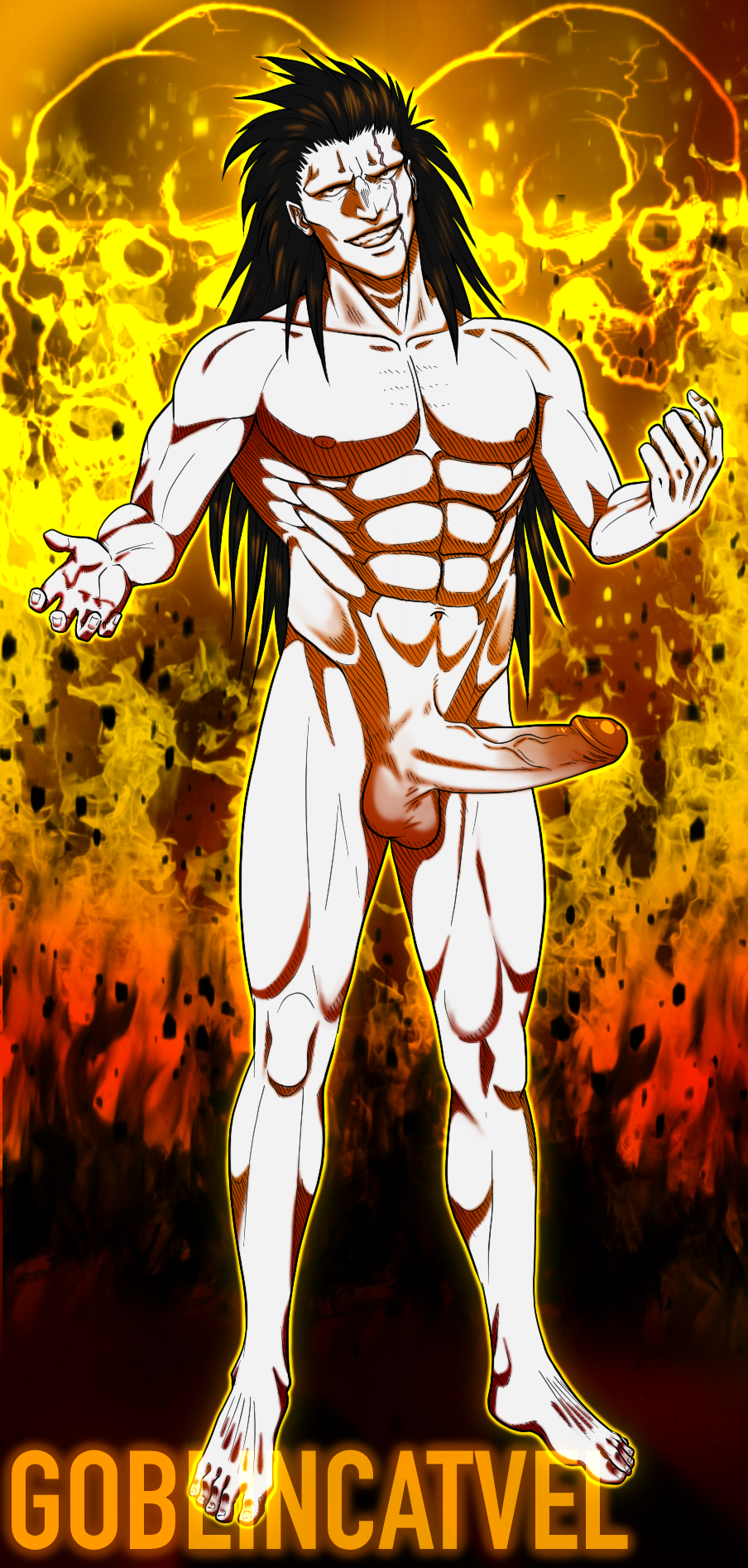 abs black_hair bleach erect_penis erection fire flames goblincatvel kenpachi_zaraki male male_only muscle muscles muscular muscular_male naked nude nude_male pecs pectorals penis pinup pinup_pose solo solo_male zaraki_kenpachi