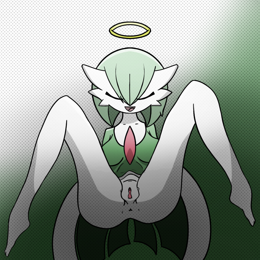 2022 anus ass bottomless bottomless_female breasts clitoris closed_eyes clothed clothing featureless_feet female gardevoir genitals gradient_background green_hair hair halo humanoid malegardevoir medium_breasts nintendo not_furry open_mouth pokémon_(species) pokemon pokemon_(species) presenting pussy simple_background solo spread_legs spreading video_games