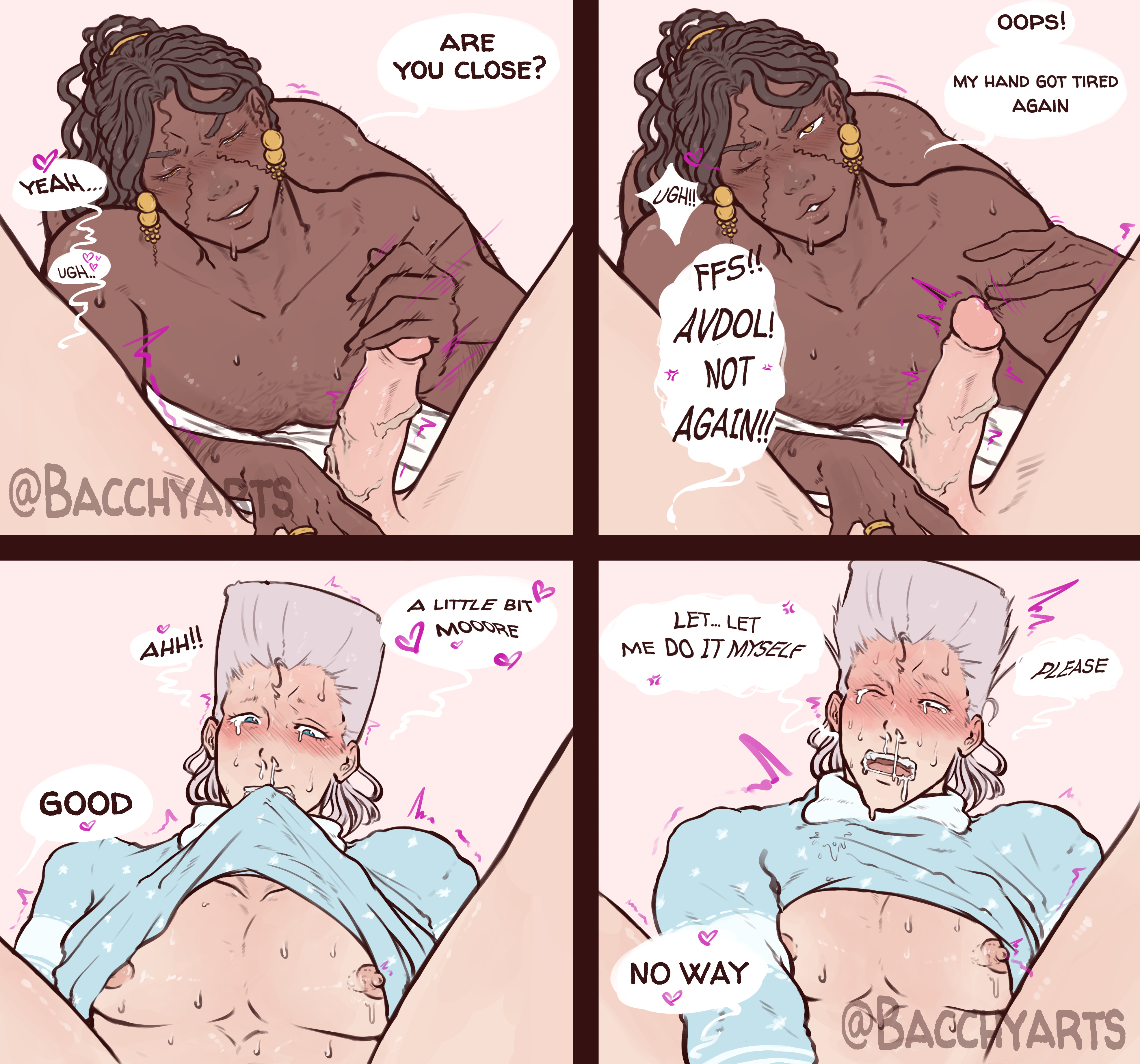 2boys, artist name, bacchyarts, begging, blush, dark skin, dark-skinned male, dialogue, edging, erection, gay, hairy ass, hairy chest, hairy legs, handjob, interracial, jean pierre polnareff, jojo's bizarre adventure, light skin, light-skinned male, male, male only, mohammed avdol, nipples, orgasm denial, overstimulation, penis, shirt in mouth, shirt lift, sketch, speech bubble, stardust crusaders, sweat, teasing, veiny penis, yaoi