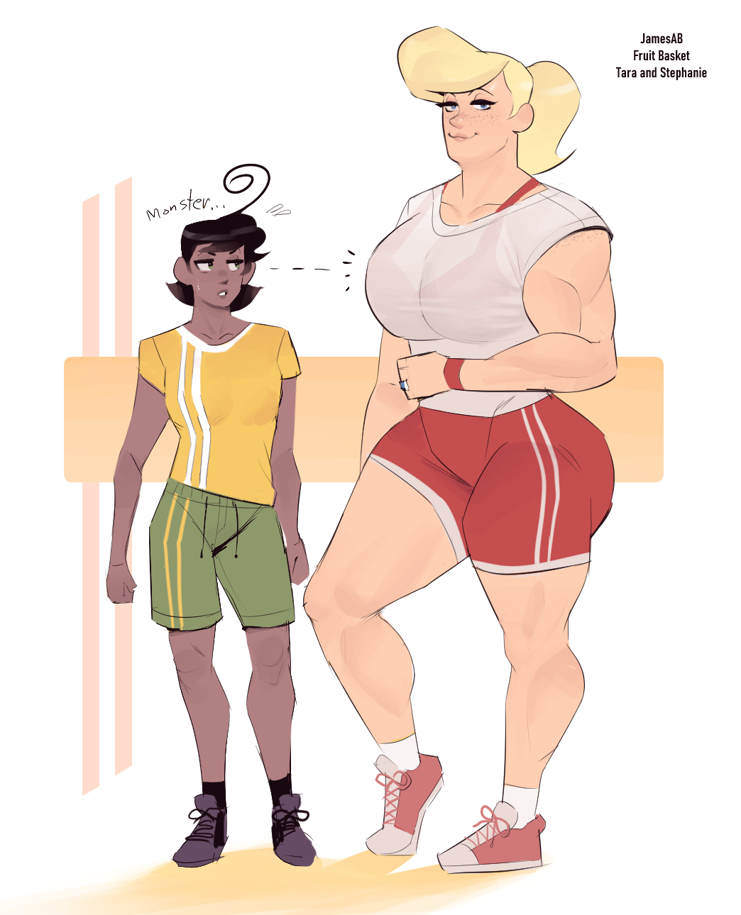 2girls blonde_female blonde_hair bra bra_visible_through_clothes chocolate_and_vanilla cleavage fruit_basket_(jamesab) full_body height_difference jamesab muscular_arms muscular_female red_bra see-through shorts simple_background standing stephanie_brooks_(jamesab) t-shirt tara_mankai_(jamesab) thick_thighs