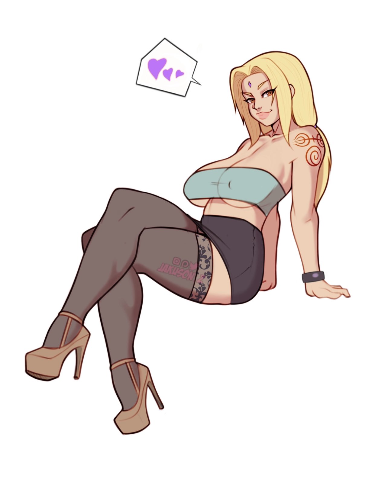 1girls, 2022, athletic, big breasts, breasts, cleavage, crossed legs, diamond (shape), female, female focus, female only, forehead mark, fully clothed, high heels, high-waist skirt, jakuson z, lace trim, lace-trimmed legwear, lace-trimmed thighhighs, naruto, naruto (series), naruto shippuden, nipple bulge, revealing clothes, shoulder tattoo, skirt, solo, spoken heart, stockings, tattoo, tsunade, tubetop, white background