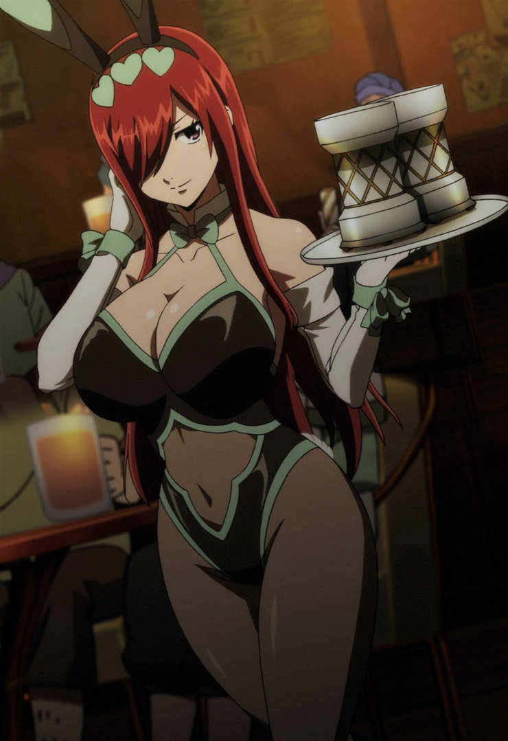 big_breasts breasts bunny_ears bunny_girl bunny_suit bunnysuit erza_scarlet fairy_tail gloves hips large_hips long_hair long_legs red_hair seduction seductive seductive_eyes seductive_look seductive_mouth seductive_pose seductive_smile stockings wide_hips