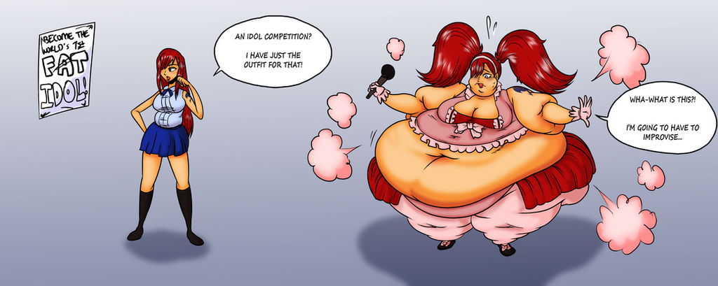 1girls belly big_belly dialogue erza_scarlet fairy_tail female female_only idol massive_belly massive_thighs microphone obese obese_female overweight overweight_female red_hair sequence skirt solo speech_bubble thick_thighs transformation transformation_sequence twintails weight_gain yer-keij-fer-cash