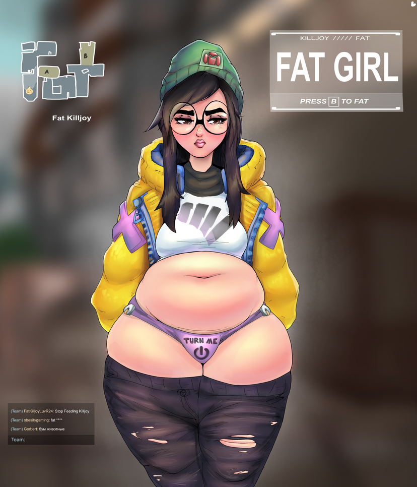 bbw big_belly chubby_female fat_shaming glasses killjoy_(valorant) metrack obese obese_female overweight overweight_female panties pink_panties power_button_print print_panties text_on_panties valorant