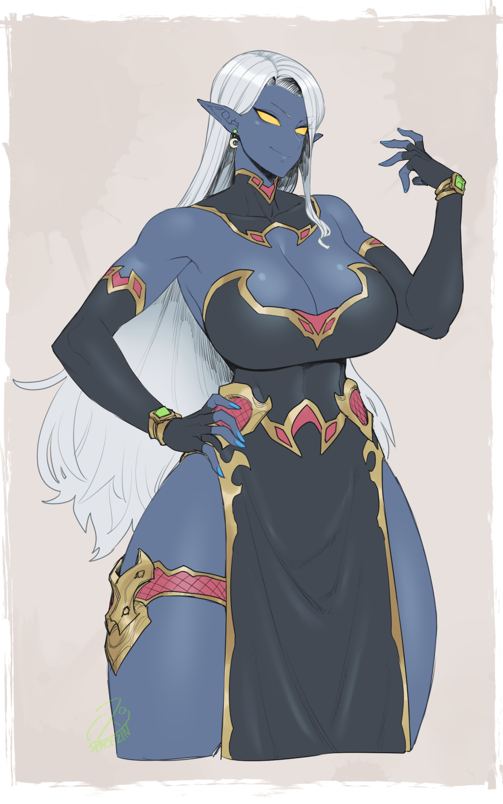 big breasts, blue nails, breasts, dark elf, earrings, evil grin, female, female only, huge breast, large breasts, massive breasts, original, original character, spacezin, tagme, thick thighs, white hair