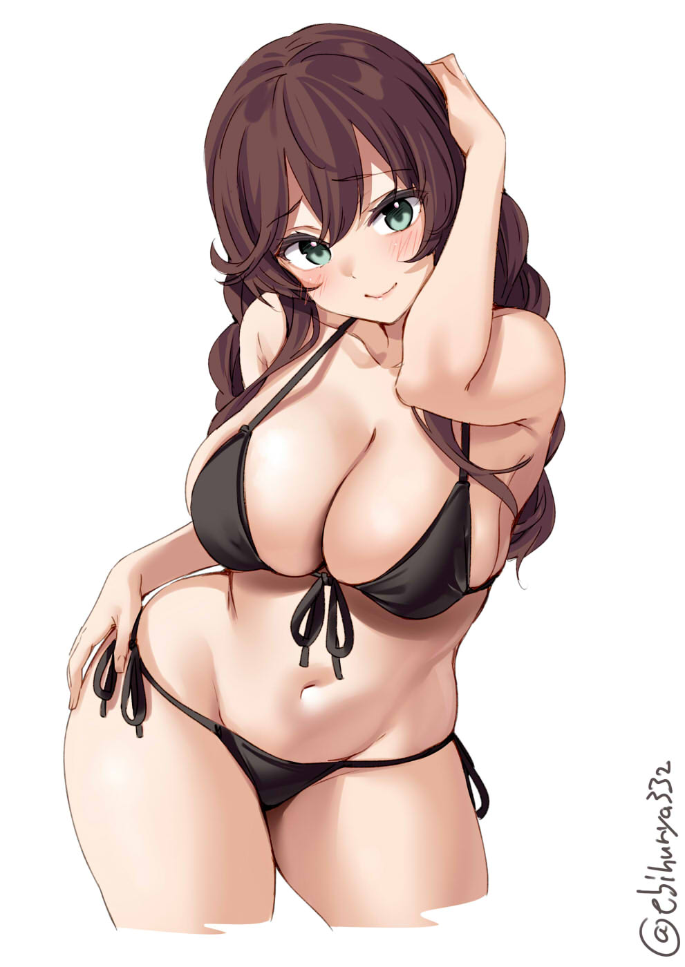 alternate costume, arm behind head, bangs, bikini, black bikini, blush, braid, breasts, brown hair, cleavage, collarbone, cowboy shot, ebifurya, female, green eyes, hair between eyes, hand on own thigh, highres, kantai collection, long hair, looking at viewer, navel, noshiro (kantai collection), one-hour drawing challenge, simple background, smile, solo, swept bangs, swimsuit, twin braids, twitter username, white background