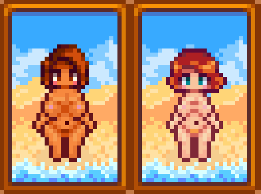 2girls barefoot beach brown_eyes brown_hair cancernia completely_naked completely_nude completely_nude_female dark-skinned_female female female_only full_body ginger ginger_hair green_eyes light-skinned_female maru_(stardew_valley) multiple_girls naked naked_female nude nude_female penny_(stardew_valley) pixel_art stardew_valley