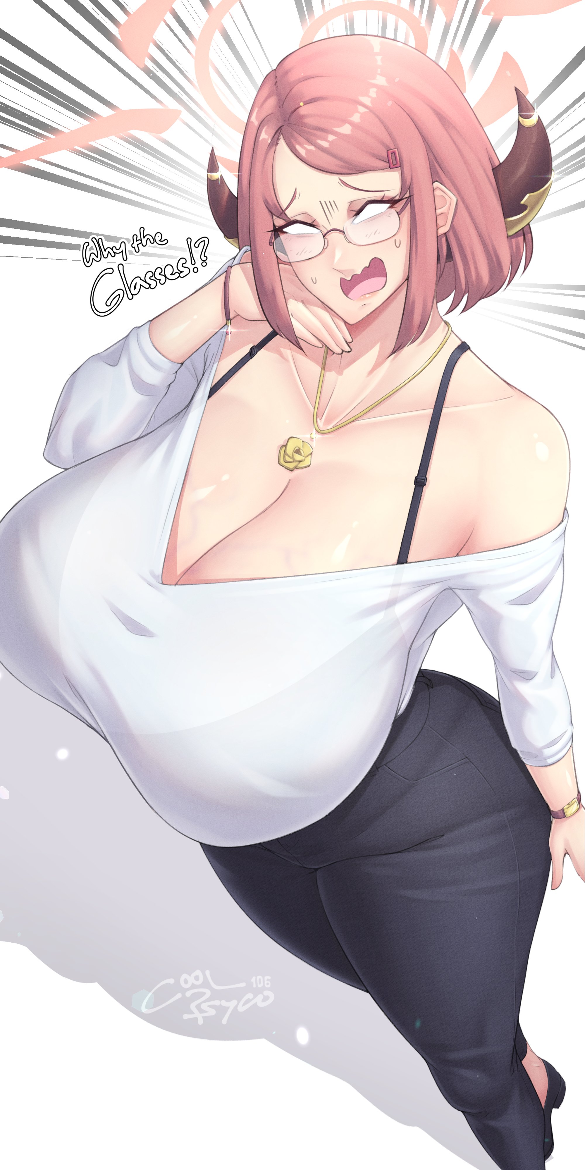 1girls, 2023, absurd res, aged up, alternate version available, aru (blue archive), blue archive, breasts, cleavage, coolpsyco106, curvaceous, curvy, embarrassed, english, english text, female, female focus, gehenna academy student, glasses, halo, horns, huge breasts, looking at viewer, necklace, pink hair, problem solver 68 (blue archive), short hair, solo, solo female, solo focus, surprised, text, voluptuous