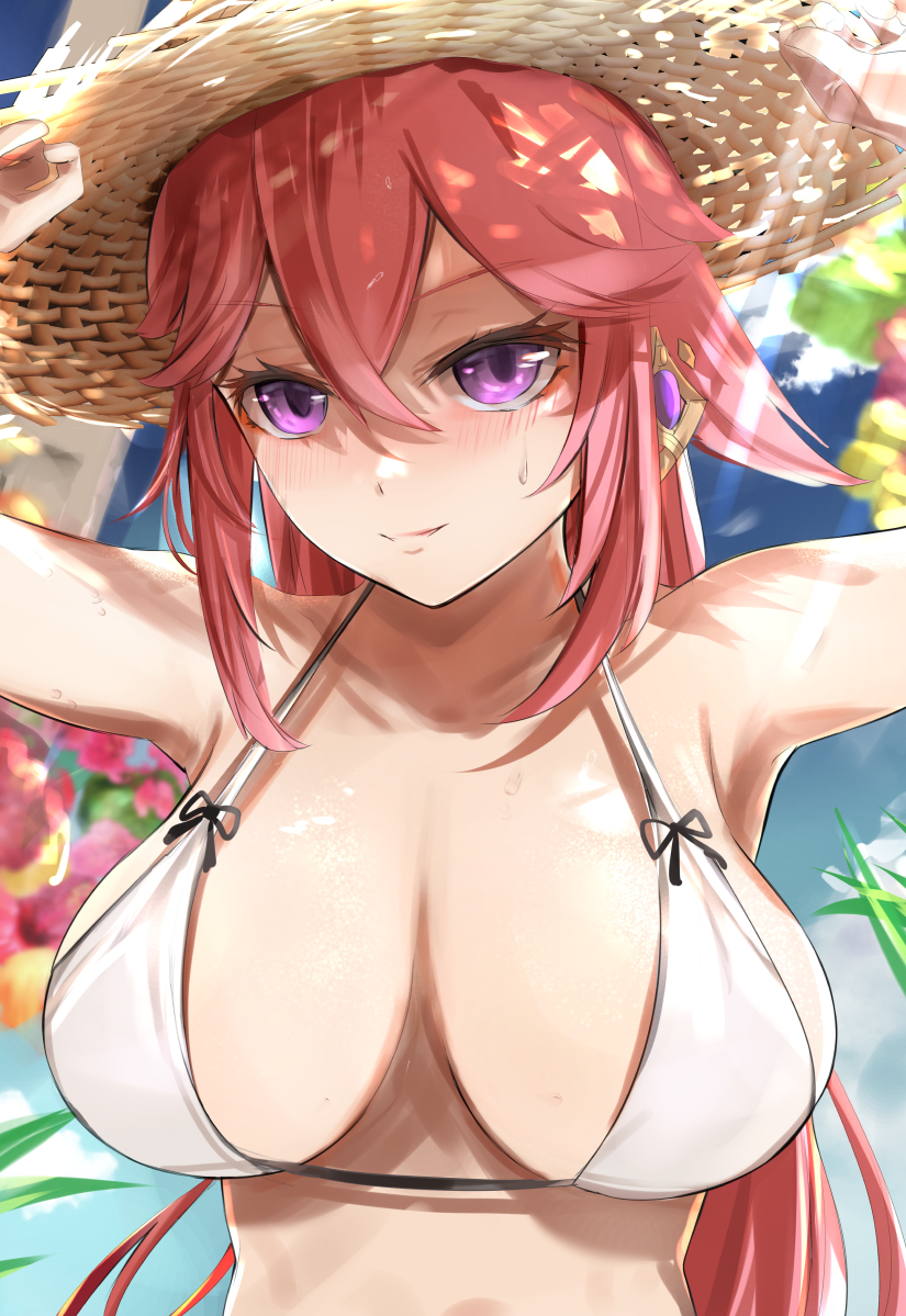 1girls, 2022, bikini, bikini top, blush, breast focus, breasts, cleavage, female, female only, fox ears, fox girl, genshin impact, hat, huge breasts, kitsune, large hat, long hair, outdoors, pink hair, purple eyes, smile, sun hat, tomas (kaosu22), yae miko