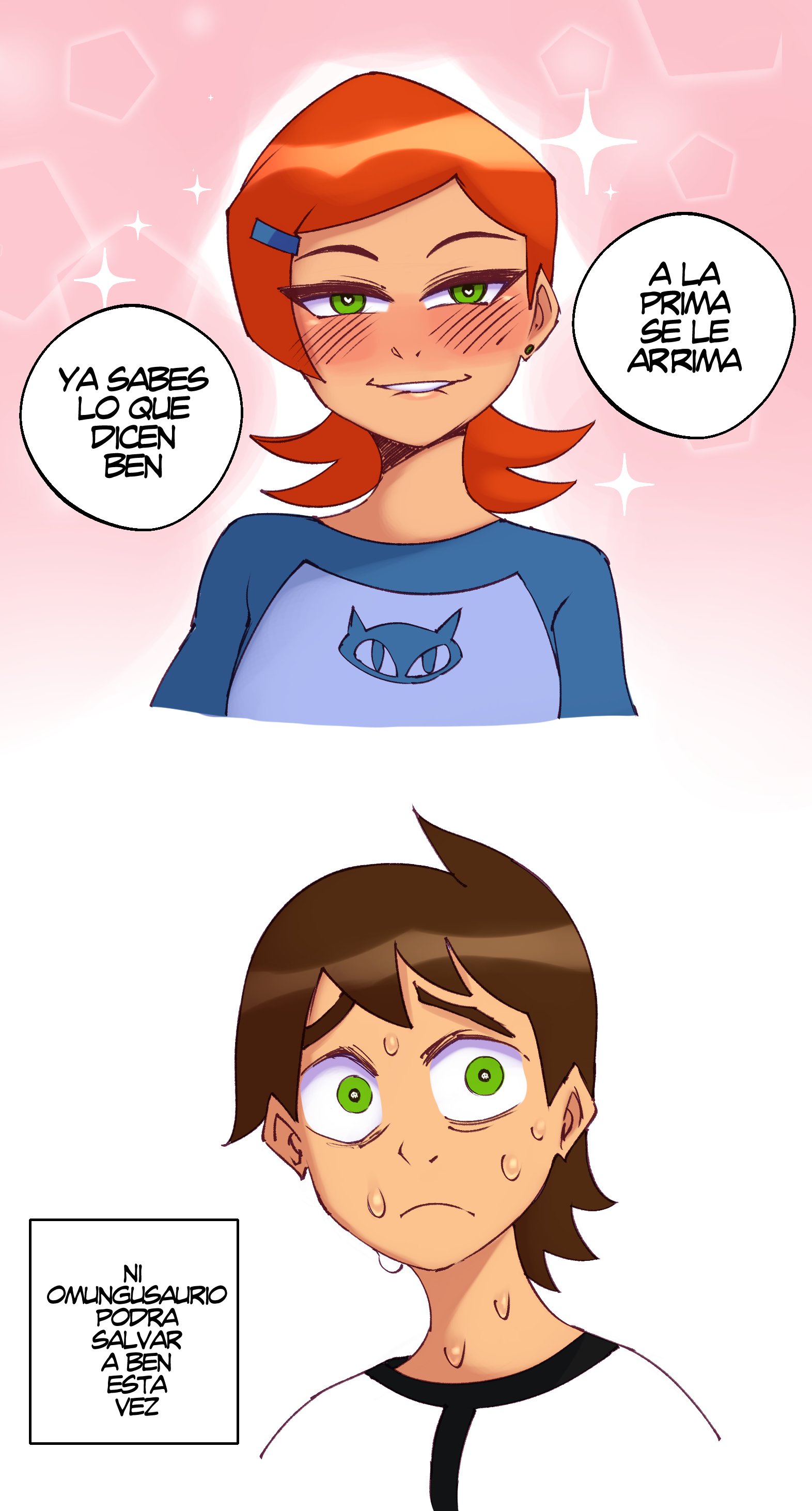 1boy, 1girls, ben 10, ben 10 (classic), ben tennyson, ben tennyson (classic), biting own lip, blush, brown hair, dialogue, female, green eyes, gwen tennyson, gwen tennyson (classic), heavy blush, human only, male, naughty face, orange hair, saltyxodium, spanish text, sweating, text box, very high resolution, voluptuous, voluptuous female, worried, worried expression