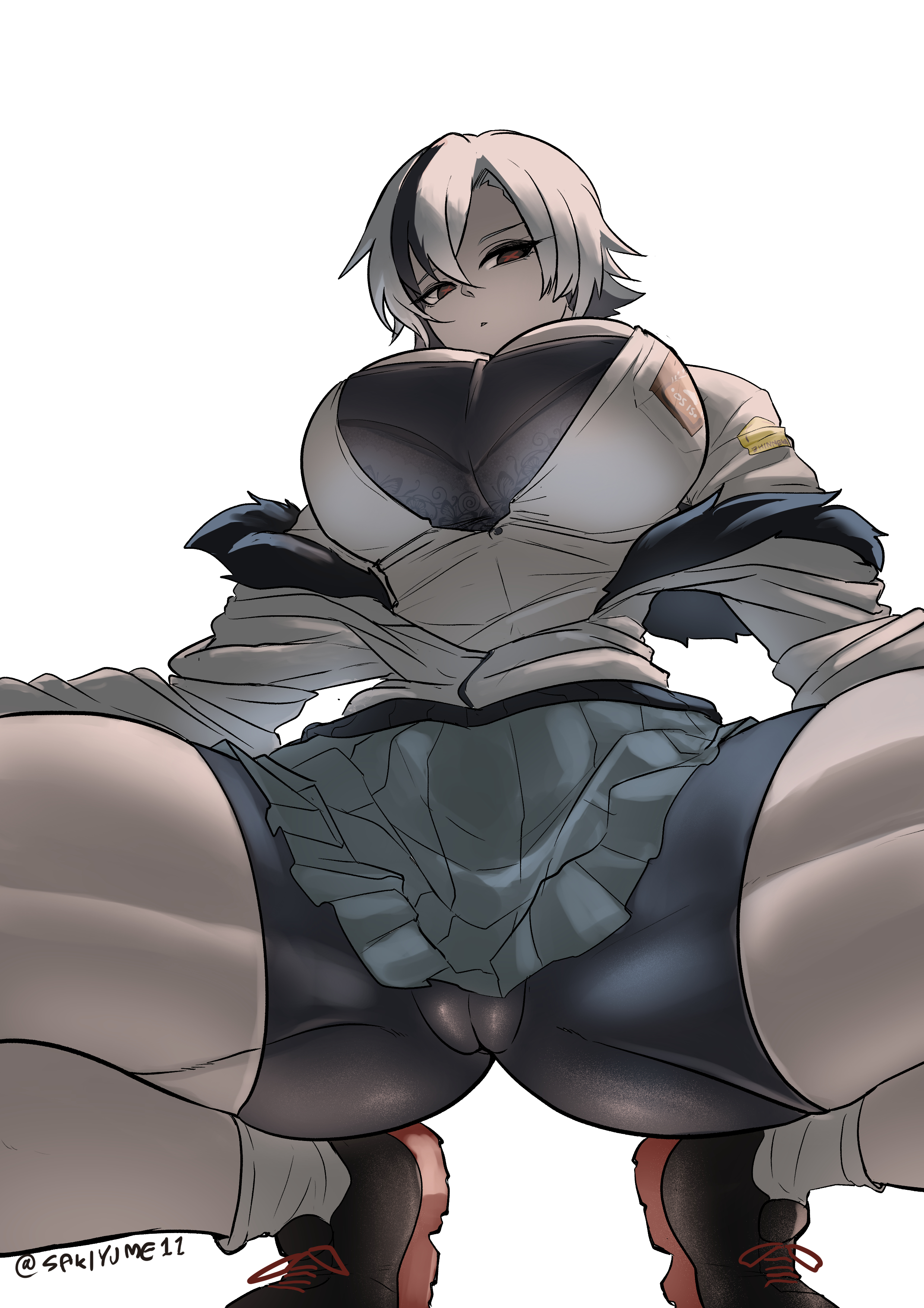 arlecchino (genshin impact), big breasts, bike shorts, breasts, cameltoe, female, genshin impact, looking at viewer, miniskirt, pussy, red eyes, sakiyume11, shorts, spats, spread legs, tomboy, uniform, unusual anatomy, unusual eyes, unusual pupils