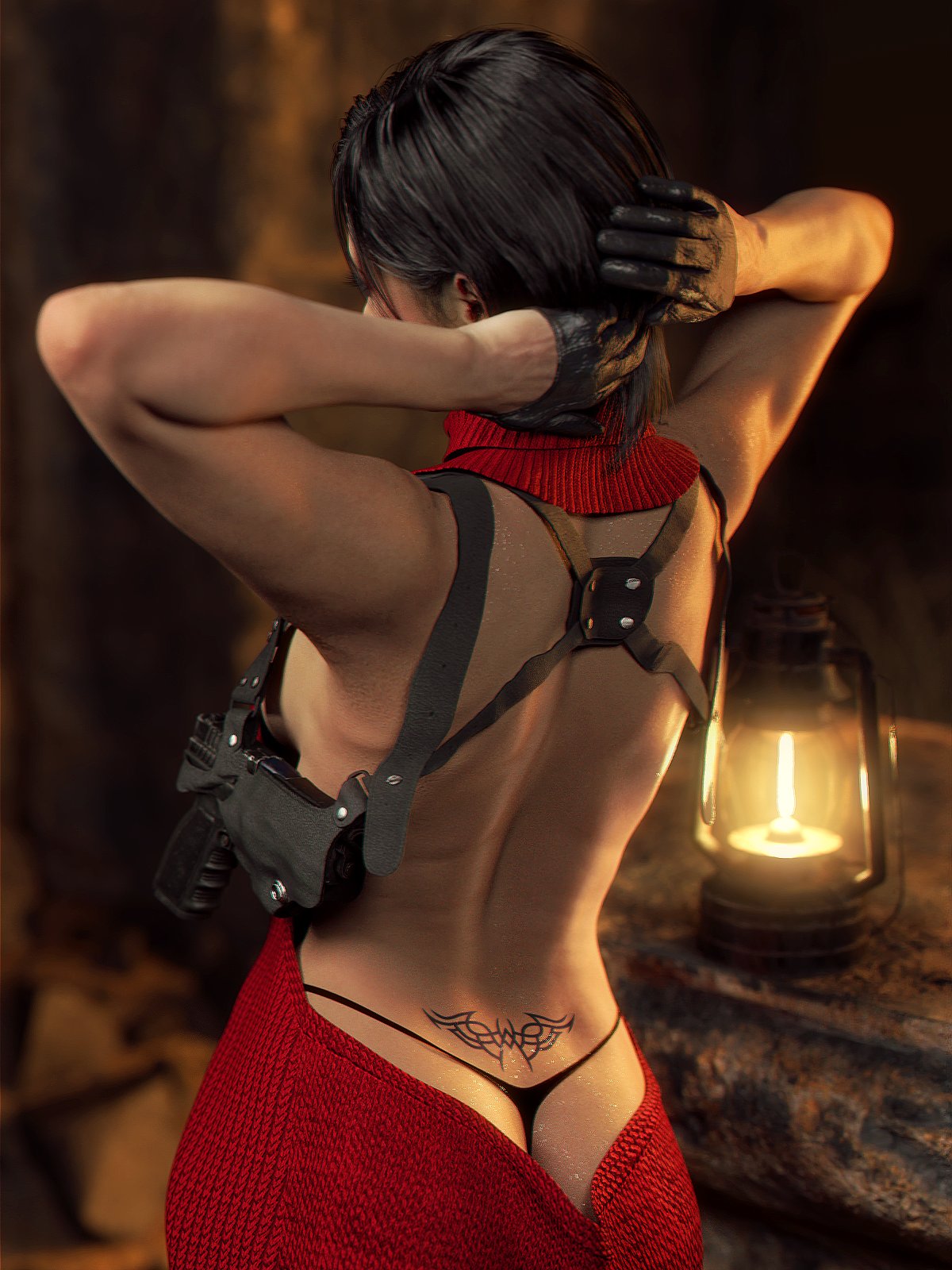 1girls 3d 3d_(artwork) ada_wong ada_wong_(adriana) adjusting_hair alternate_costume asian asian_female backless_dress backless_outfit biohazard black_g-string black_hair black_thong bob_cut capcom chinese exposed_g-string exposed_panties exposed_thong fixing_hair g-string holster lantern leather_gloves leather_harness light-skinned_female medium_hair no_bra no_bra_under_clothes panties panties_visible_through_clothing panty_peek pistol red_dress resident_evil resident_evil_4 resident_evil_4_remake revealing_clothes shoulder_holster skimpy_clothes solo solo_focus string_panties sweater_dress tattoo thong thong_panties tramp_stamp useless_clothing wardrobe_malfunction word2