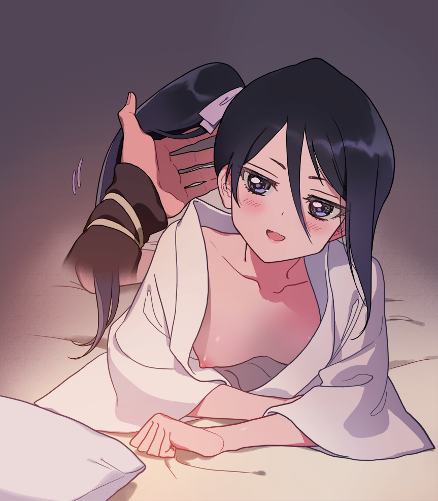 1girls abarai_renji before_sex bleach blush feet female kimono kuchiki_rukia looking_at_viewer lying lying_on_bed male_pov nipple oki on_bed partial_male petite pillow purple_eyes renji_abarai small_breasts smile tied_hair toes touching_hair