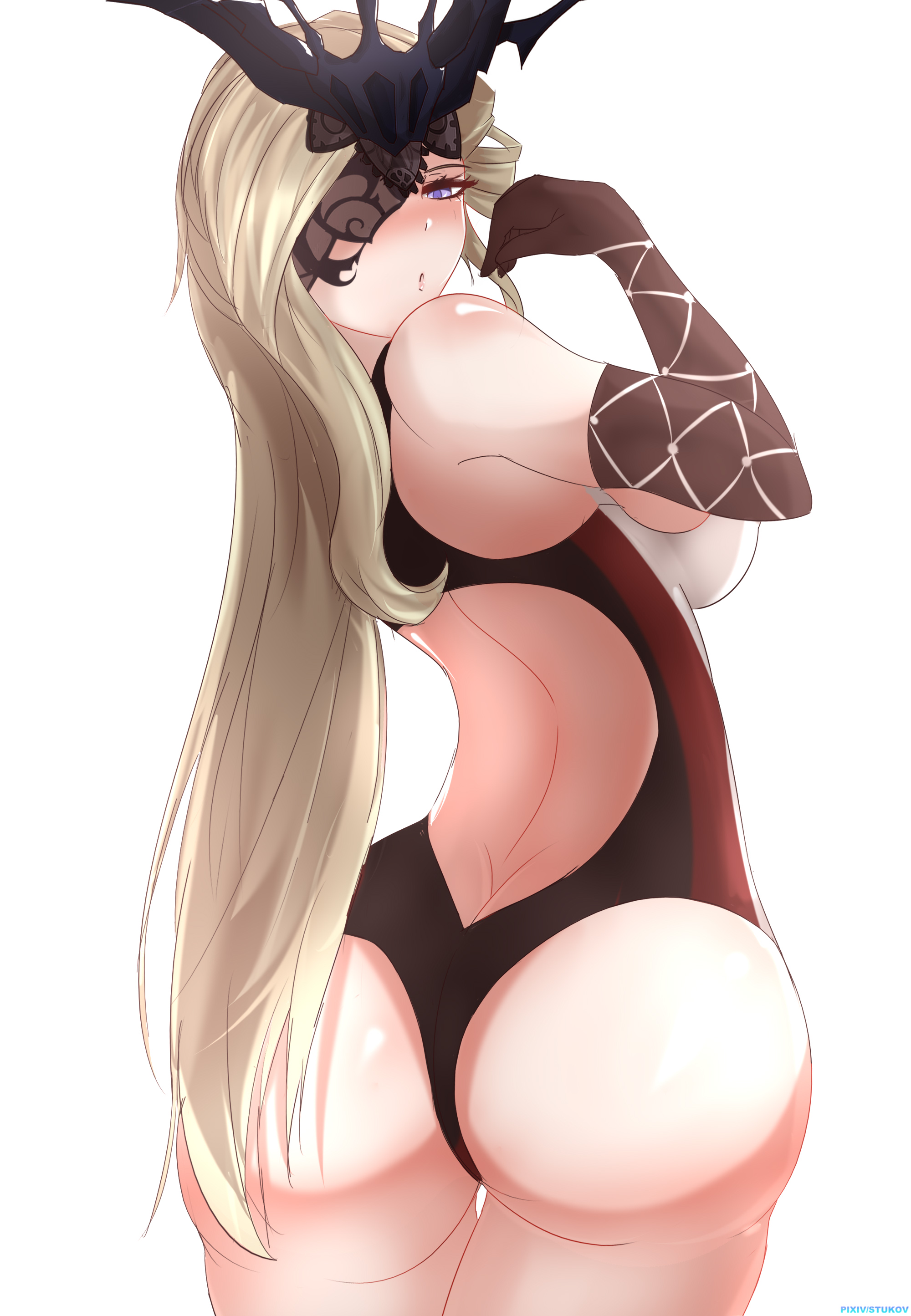1girls, ass, ass focus, big ass, blonde hair, blush, exposed back, female, from behind, genshin impact, light skin, light-skinned female, looking back, open back, signora (genshin impact), solo, solo female, stukov, thick thighs