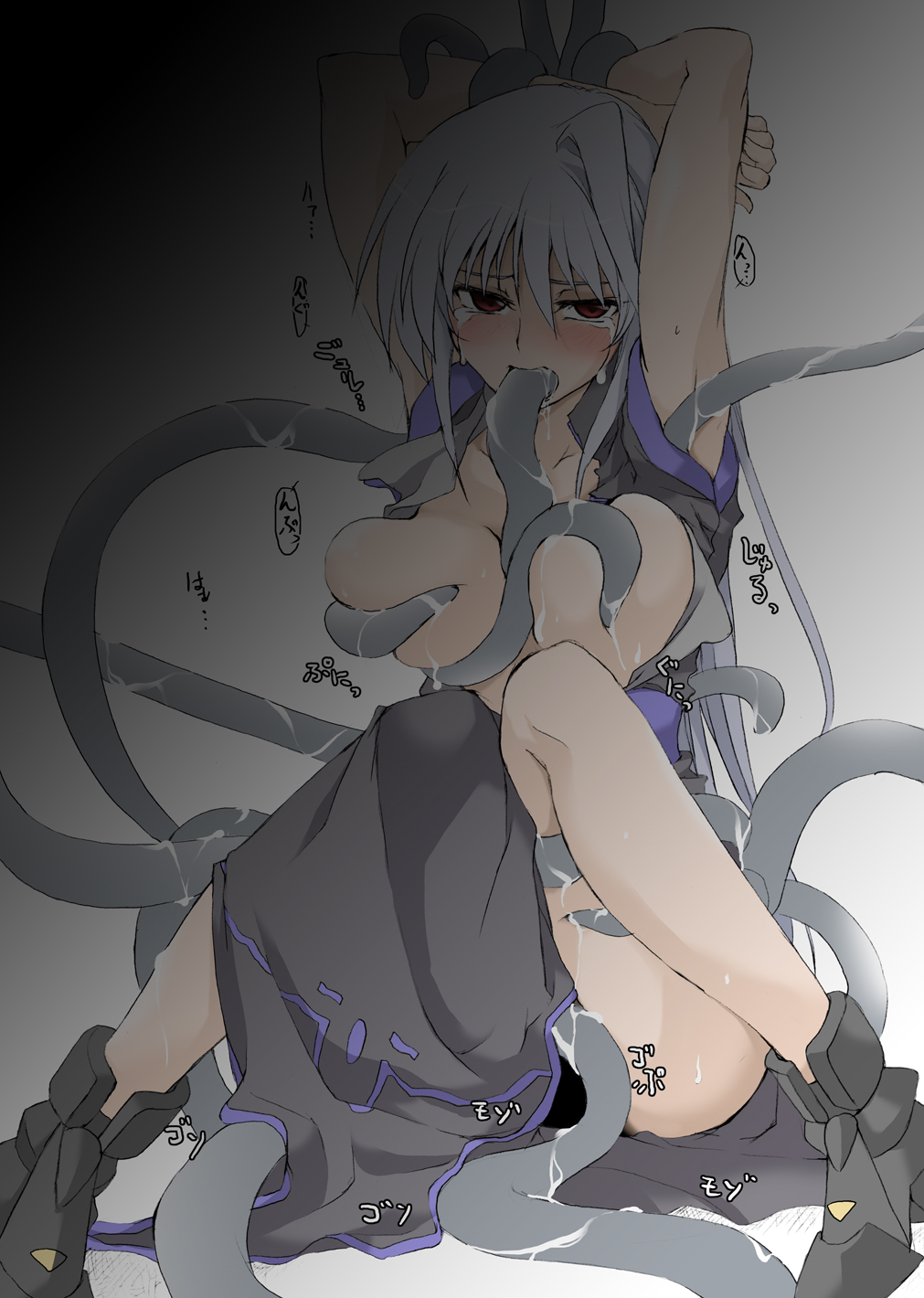 arms_above_head breasts elpyon female long_hair lyrical_nanoha mahou_shoujo_lyrical_nanoha_a's open_clothes red_eyes reinforce restrained silver_hair tentacle tentacles_under_clothes