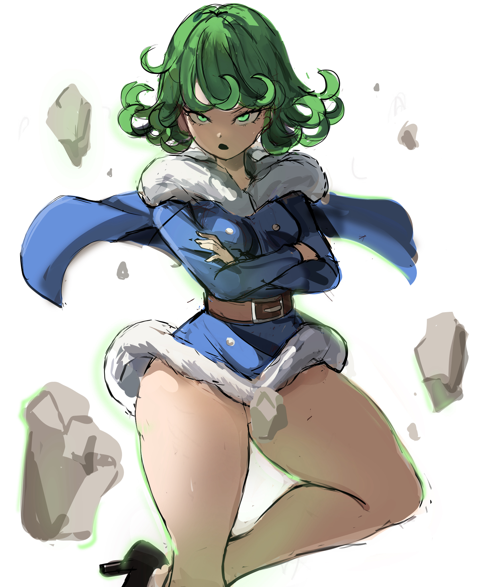 1girls, arms crossed, curly hair, female, green eyes, green hair, green-haired female, one-punch man, rakeemspoon, solo, solo female, tatsumaki, thick thighs, thighs
