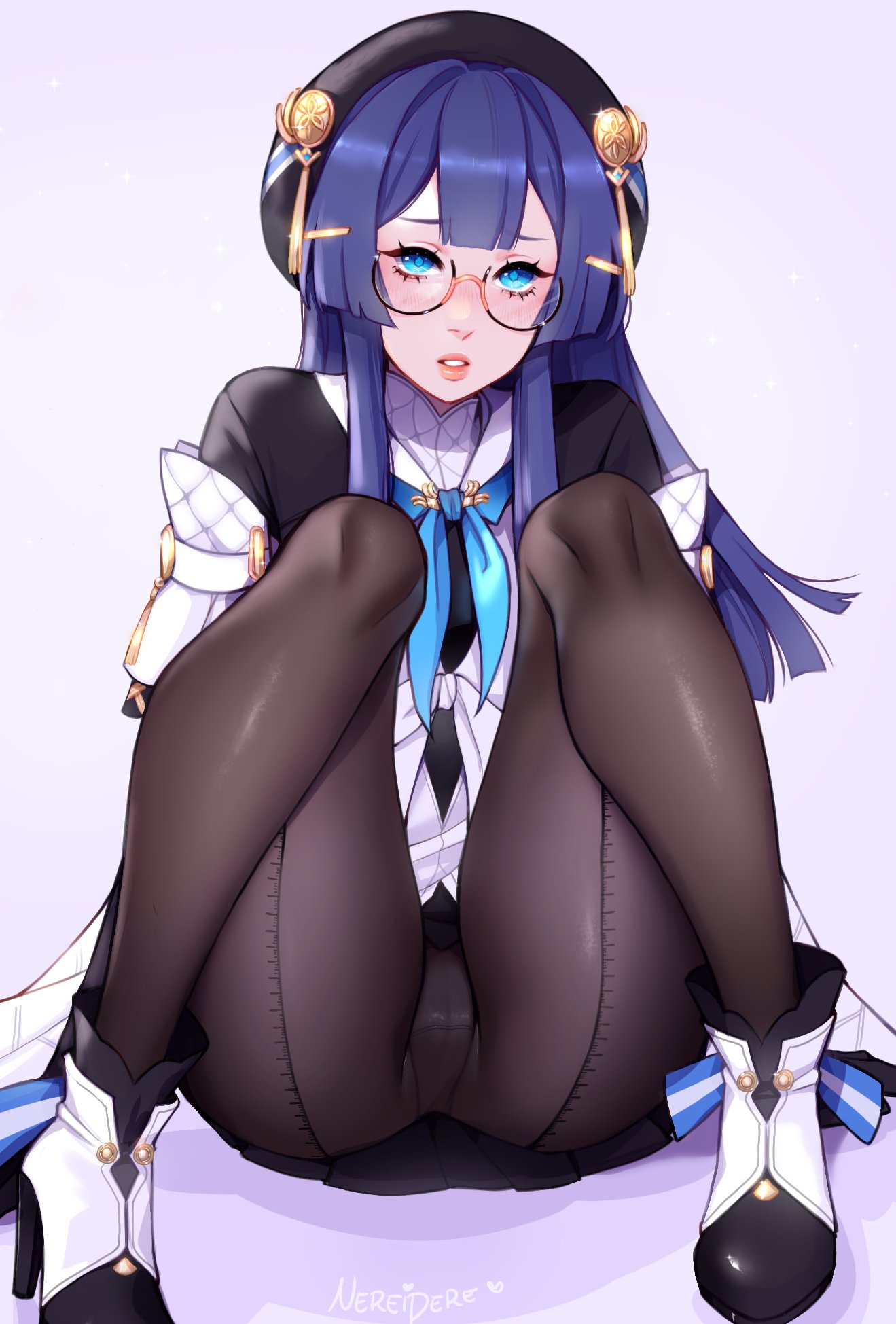 1girls, blue clothing, blue hair, blue ribbon, blue tie, clothing, female, glasses, hat, high heels, honkai (series), honkai: star rail, long hair, nereidere, pela (honkai: star rail), shoe ribbon, signature, sitting, solo, white shoes