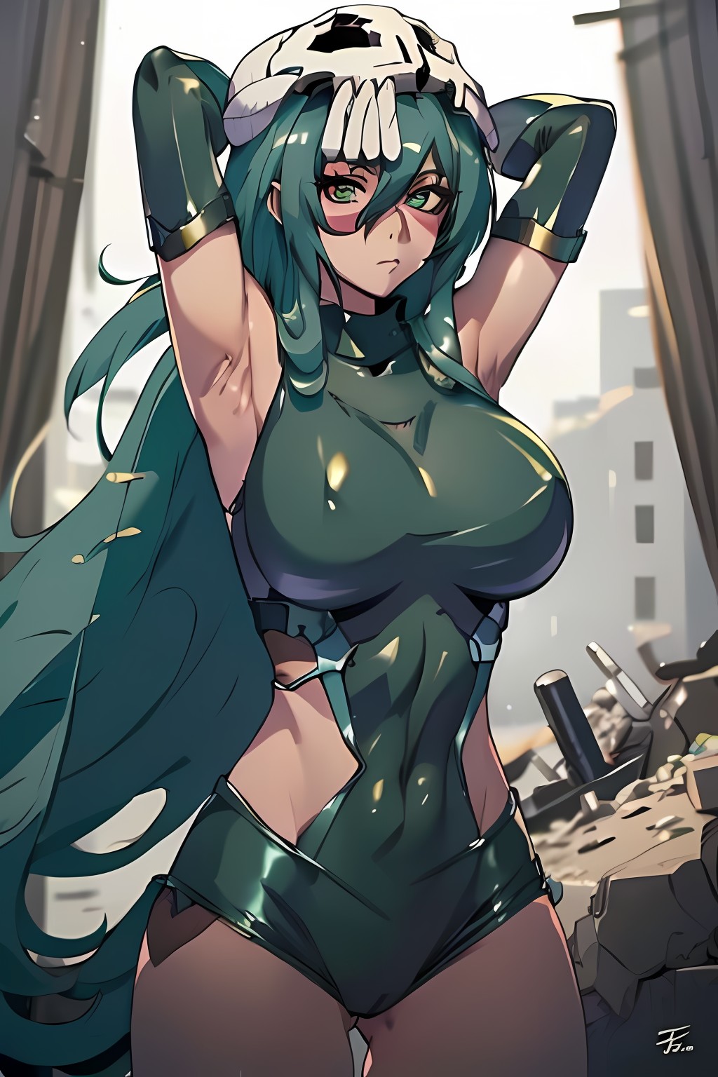 ai_generated bleach bleach:_the_thousand-year_blood_war breasts female_only fishnets gloves impossible_clothes impossible_leotard large_breasts latex latex_gloves latex_suit nelliel_tu_odelschwanck shiny_clothes taimanin_(series) taimanin_suit tight_clothes tight_clothing